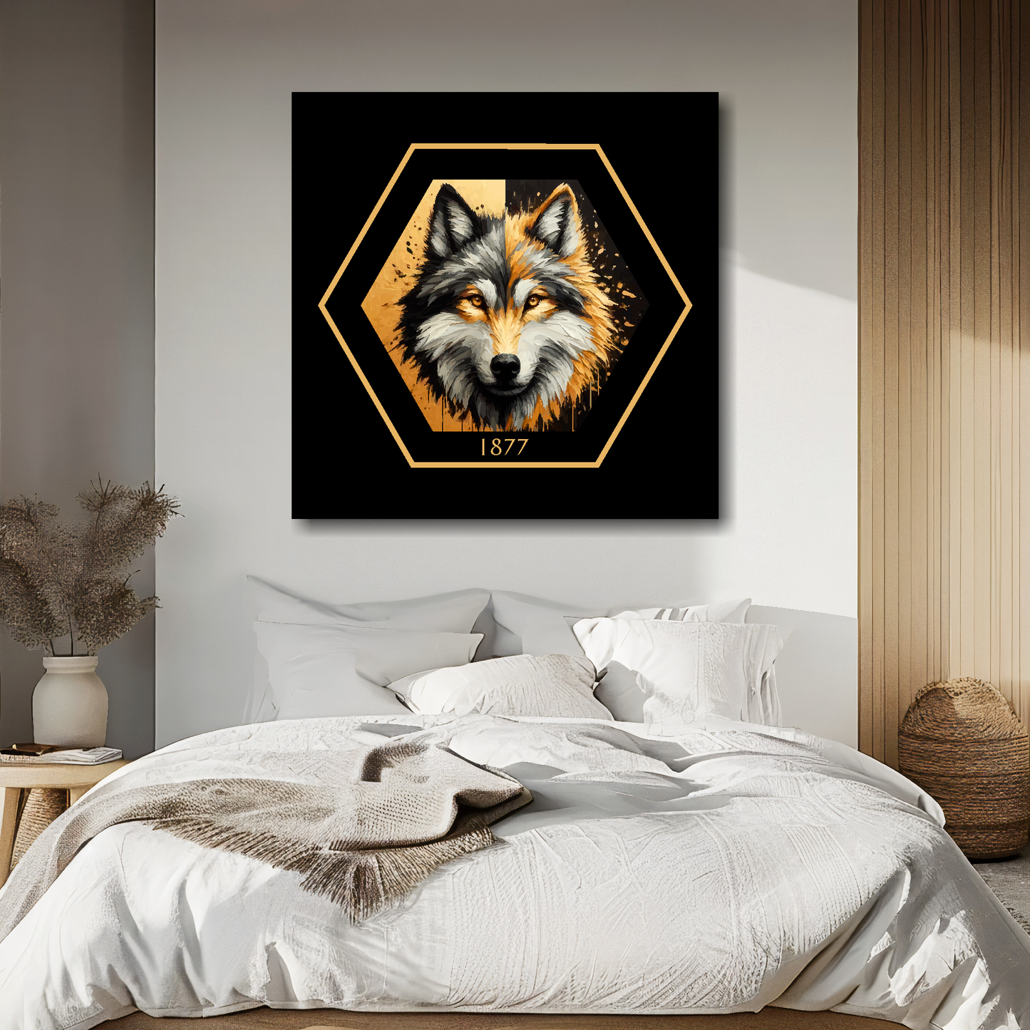 Wolverhampton Wanderers inspired canvas art. A black and gold wolf head painting sits in the middle of a hexagnal badge shape with 1877 at the bottom on a black background. Mounted on a cream bedroom wall above a bed.
