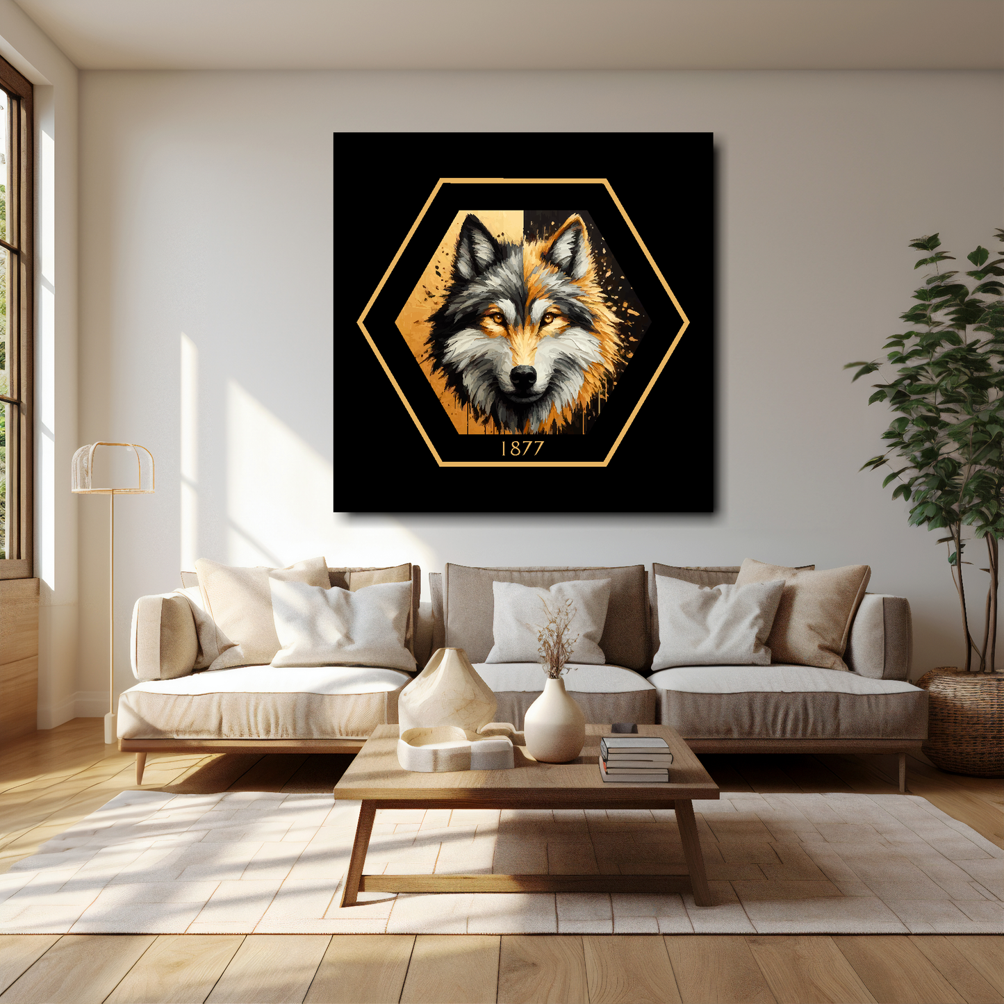 Wolverhampton Wanderers inspired canvas art. A black and gold wolf head painting sits in the middle of a hexagnal badge shape with 1877 at the bottom on a black background. Mounted on a cream wall above a brown sofa.