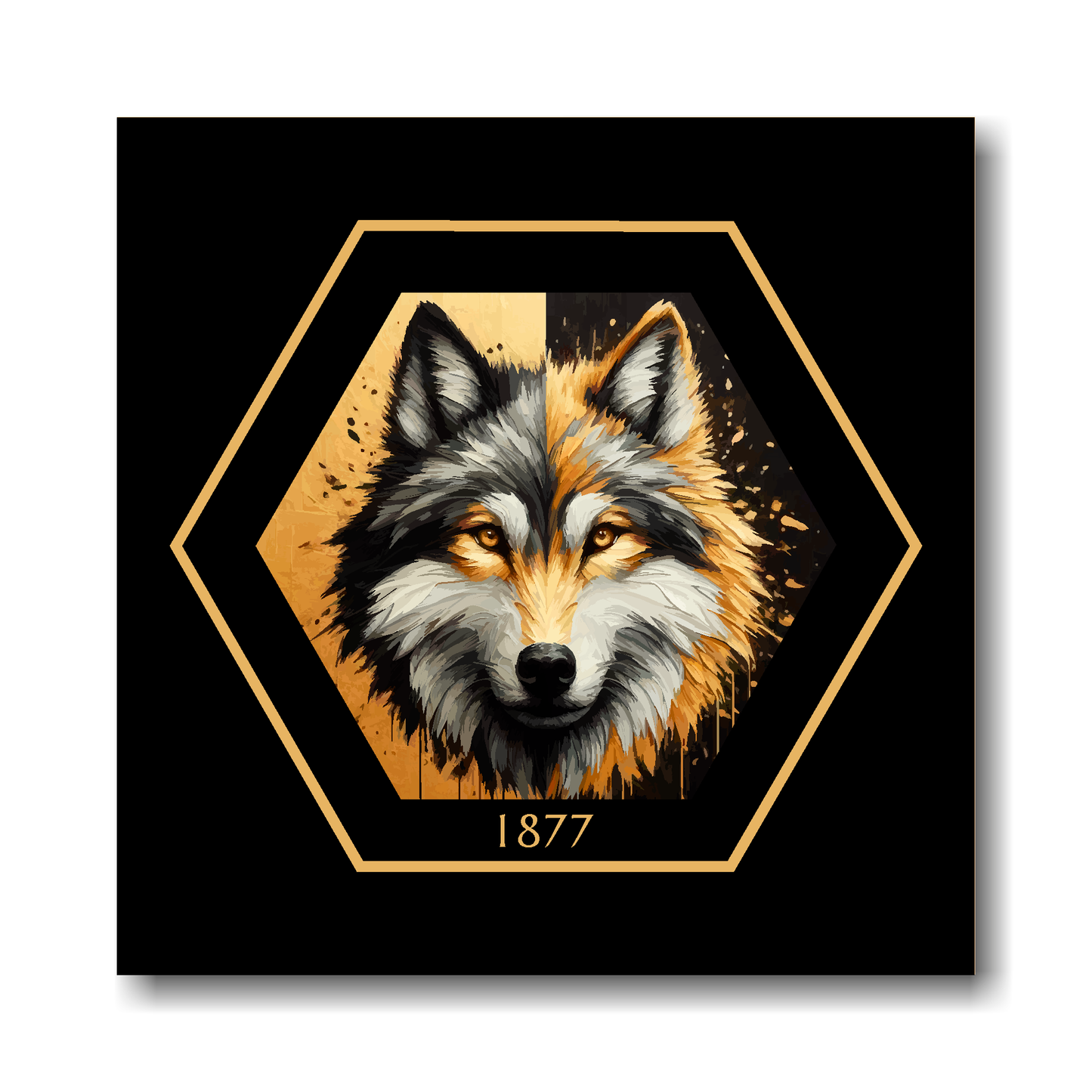Wolverhampton Wanderers inspired canvas art. A black and gold wolf head painting sits in the middle of a hexagnal badge shape with 1877 at the bottom on a black background.