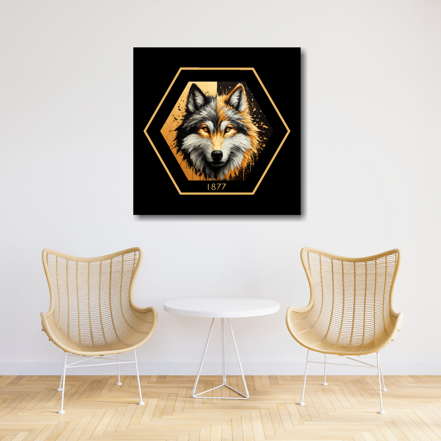 Wolverhampton Wanderers inspired canvas art. A black and gold wolf head painting sits in the middle of a hexagnal badge shape with 1877 at the bottom on a black background. Mounted on a white plasterered wall above a two chairs and a table.