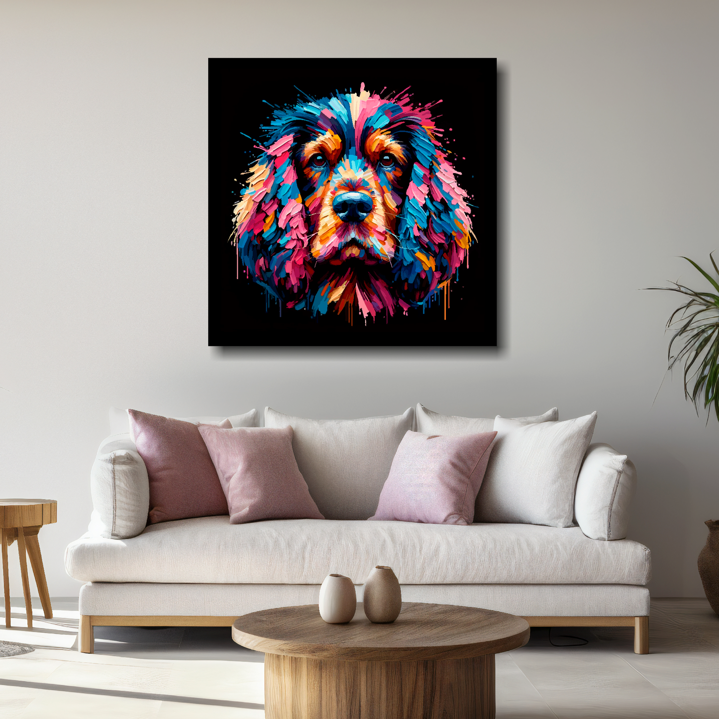 Large canvas featuring a multi-coloured Cocker Spaniel dog portrait. Mounted on a white wall above a white sofa with decorative pillows.