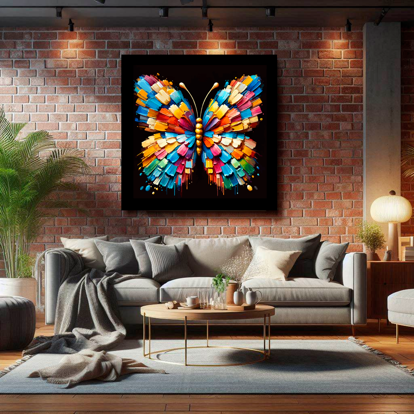 Large canvas print of a vibrant, multi-coloured butterfly on a black background, available in 3 sizes.