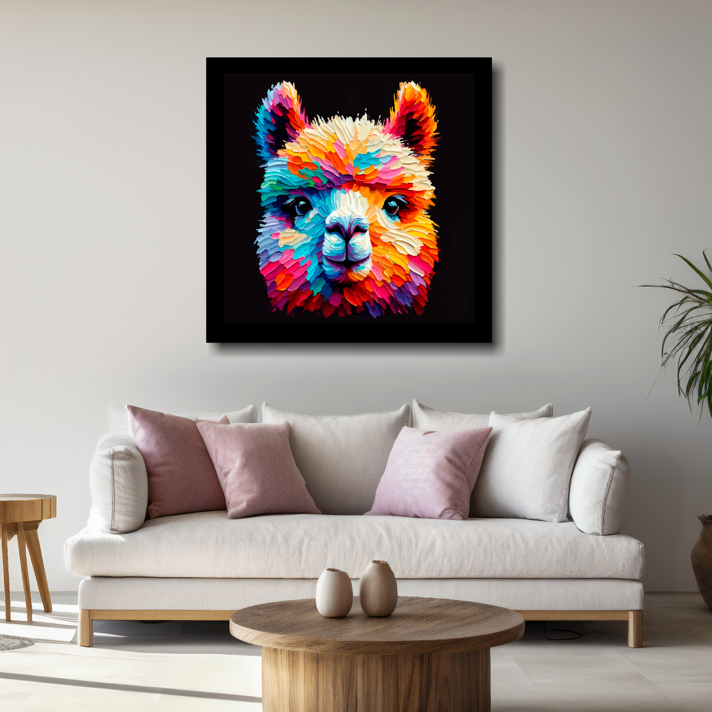 Large canvas wall art - Colourful Alpaca portrait on a black background. Available in 3 large sizes.