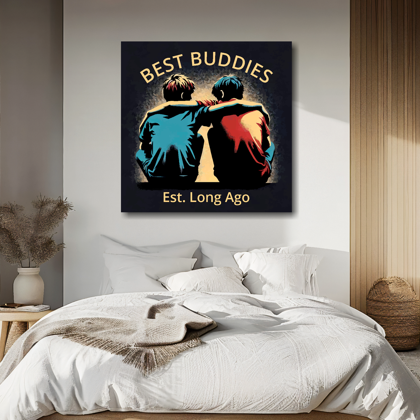 Large canvas wall art - A retro friendship painting of two young boys. Available in 3 large sizes.