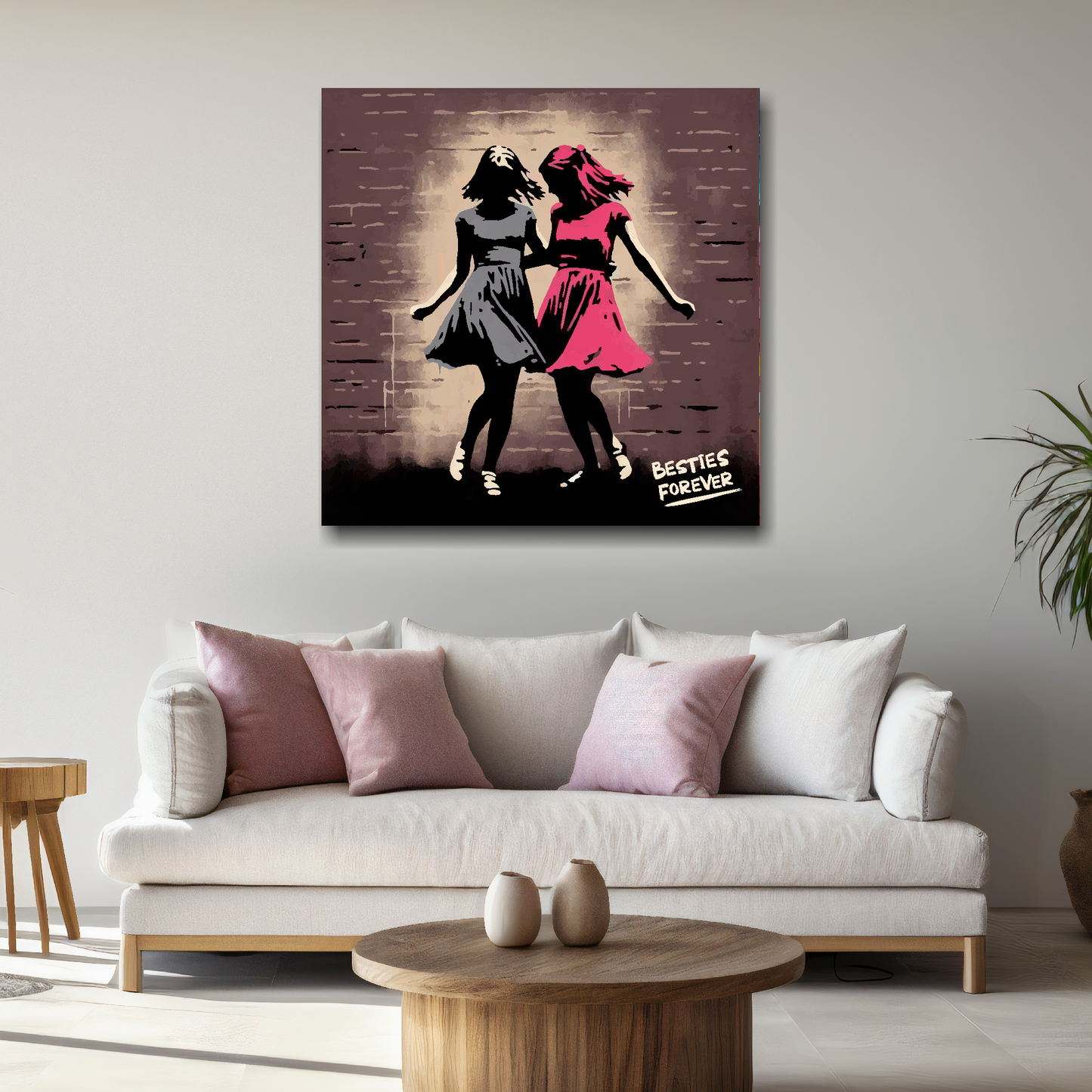 Large canvas wall art - A retro friendship painting of two girls dancing. Available in 3 large sizes.