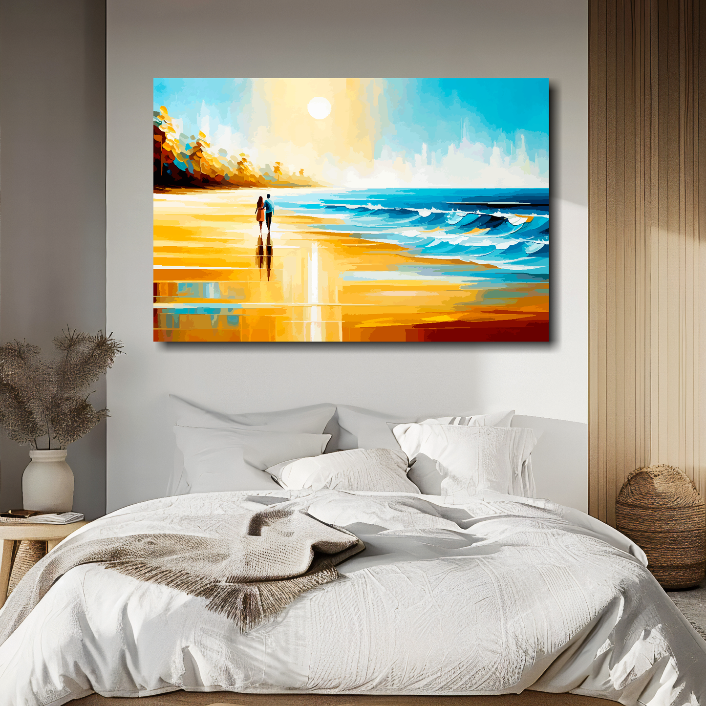 Large canvas wall art - A multi-coloured abstract of a couple walking along a beach. Available in 3 large sizes.