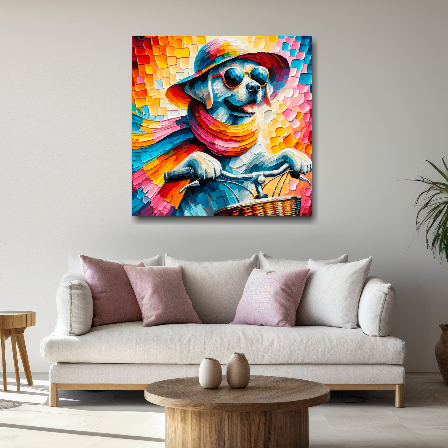 Square XL canvas featuring a vibrant multi-coloured Labrador riding a bicycle. Mounted on a white wall above a white sofa with decorative pillows.