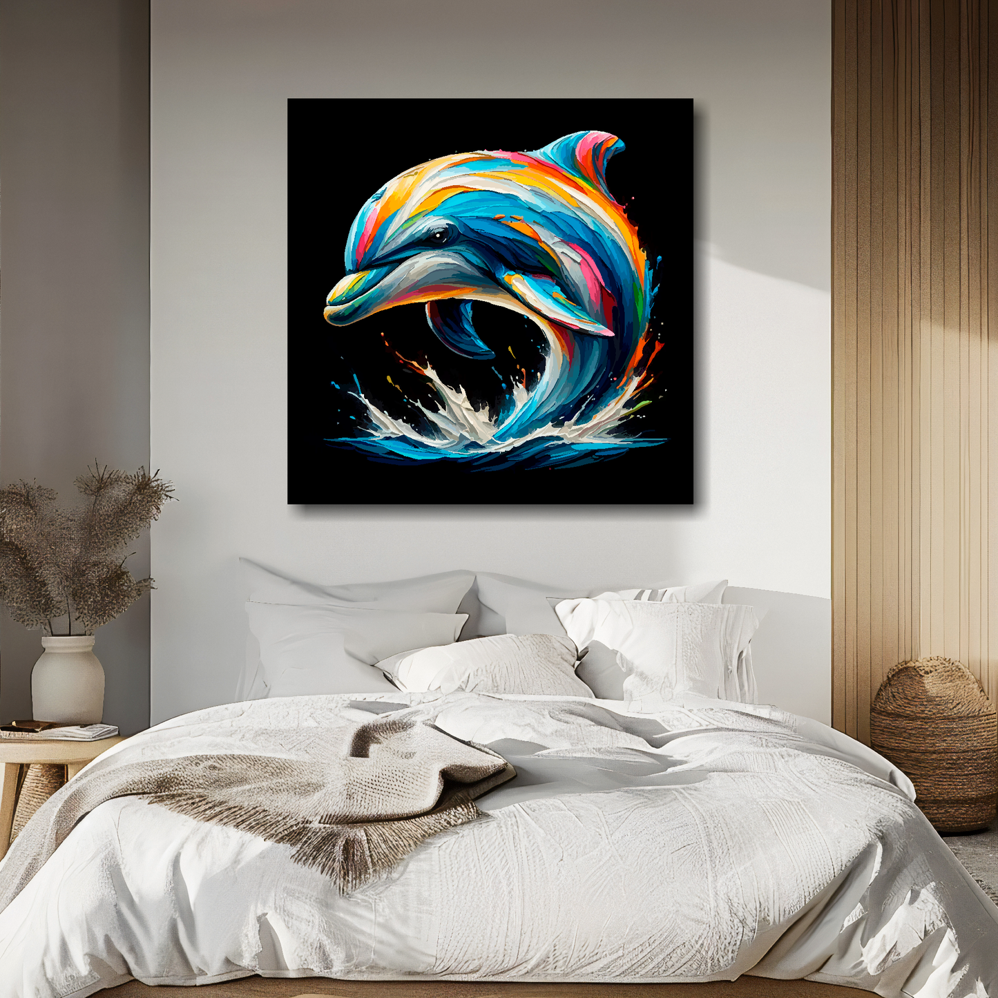 Large canvas wall art - A multi-coloured abstract portrait of a Dolphin. Available in 3 large sizes.