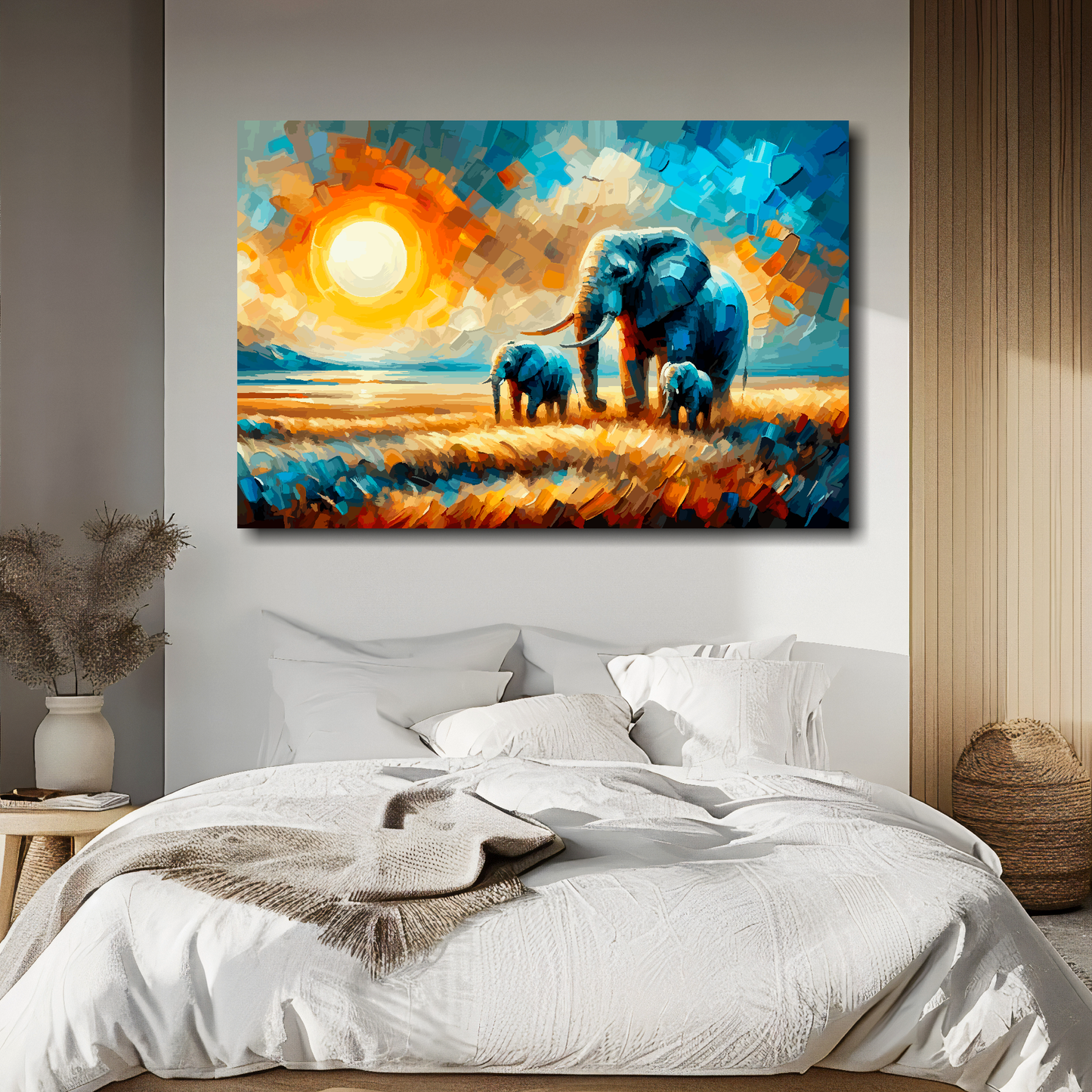 Large canvas wall art - A multi-coloured abstract landscape of the African Plains featuring 3 Elephants. Available in 3 large sizes.