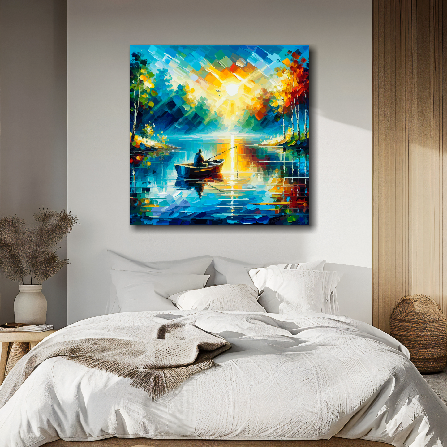 XL square canvas featuring a boat angler fishing on a vibrant Enchanted lake. Mounted on a white wall above a double bed.