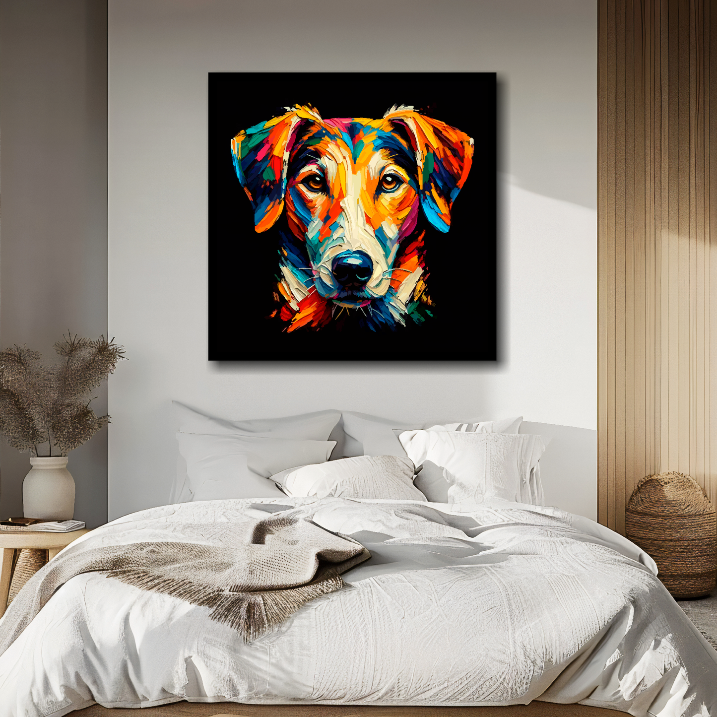 Large canvas wall art - A vibrant multi-coloured head portrait of a English Foxhound. Available in 3 large sizes.
