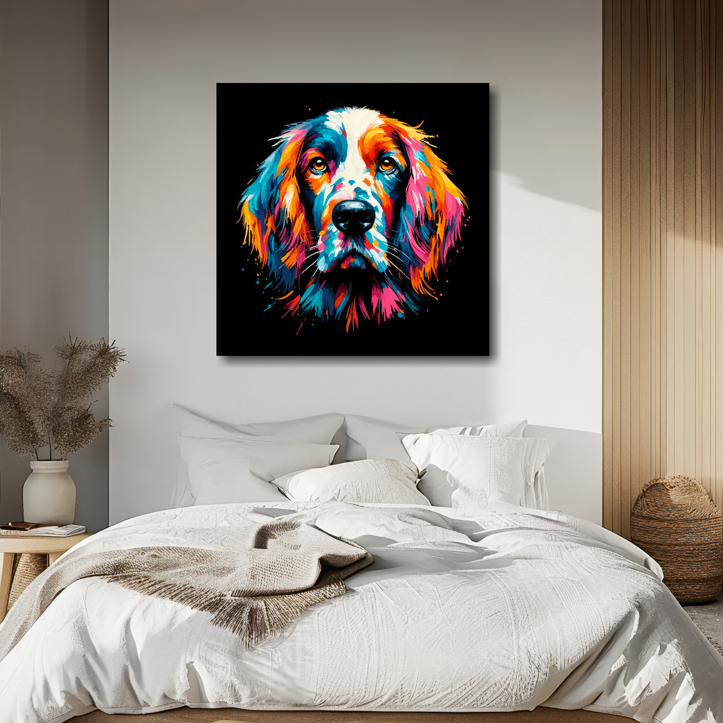 Large canvas wall art - A vibrant multi-coloured head portrait of a English Setter. Available in 3 large sizes.