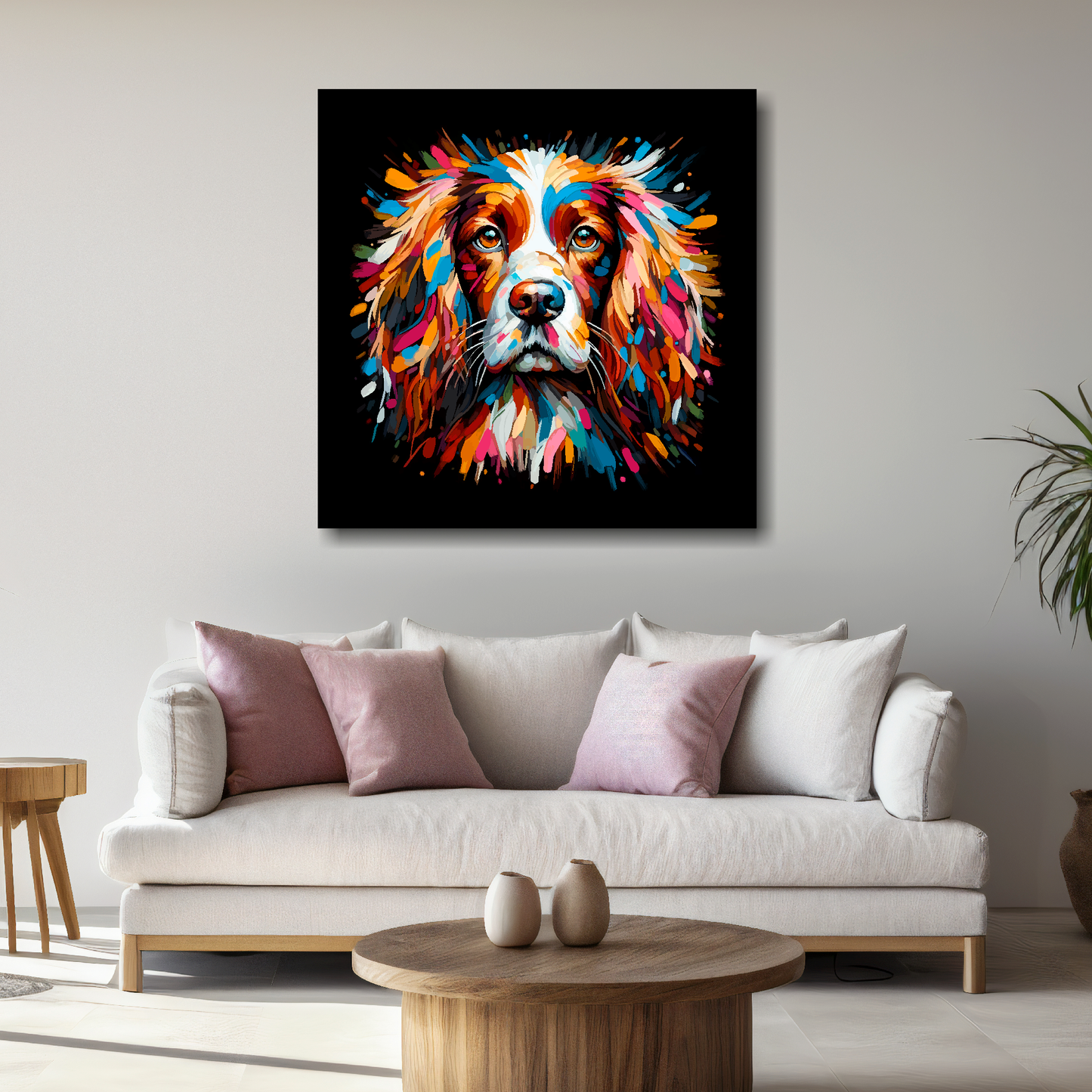 Large canvas wall art - A vibrant multi-coloured head portrait of a English Springer Spaniel. Available in 3 large sizes.
