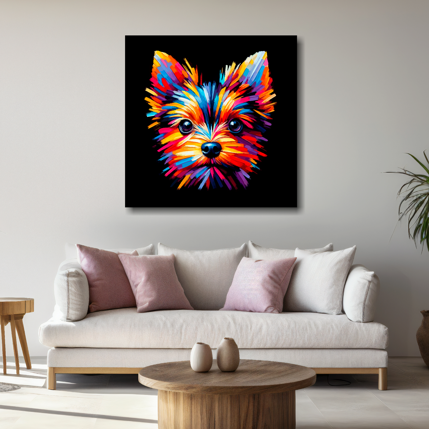 Large canvas wall art - A vibrant multi-coloured head portrait of a English Toy Terrier. Available in 3 large sizes.