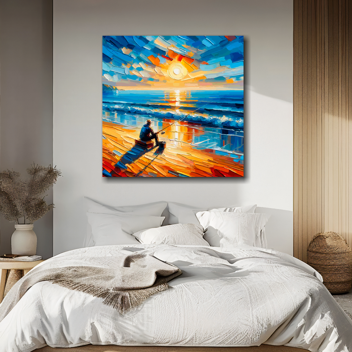 XL square canvas featuring a lone angler on a sun setting beach. Mounted on a white wall above a double bed.