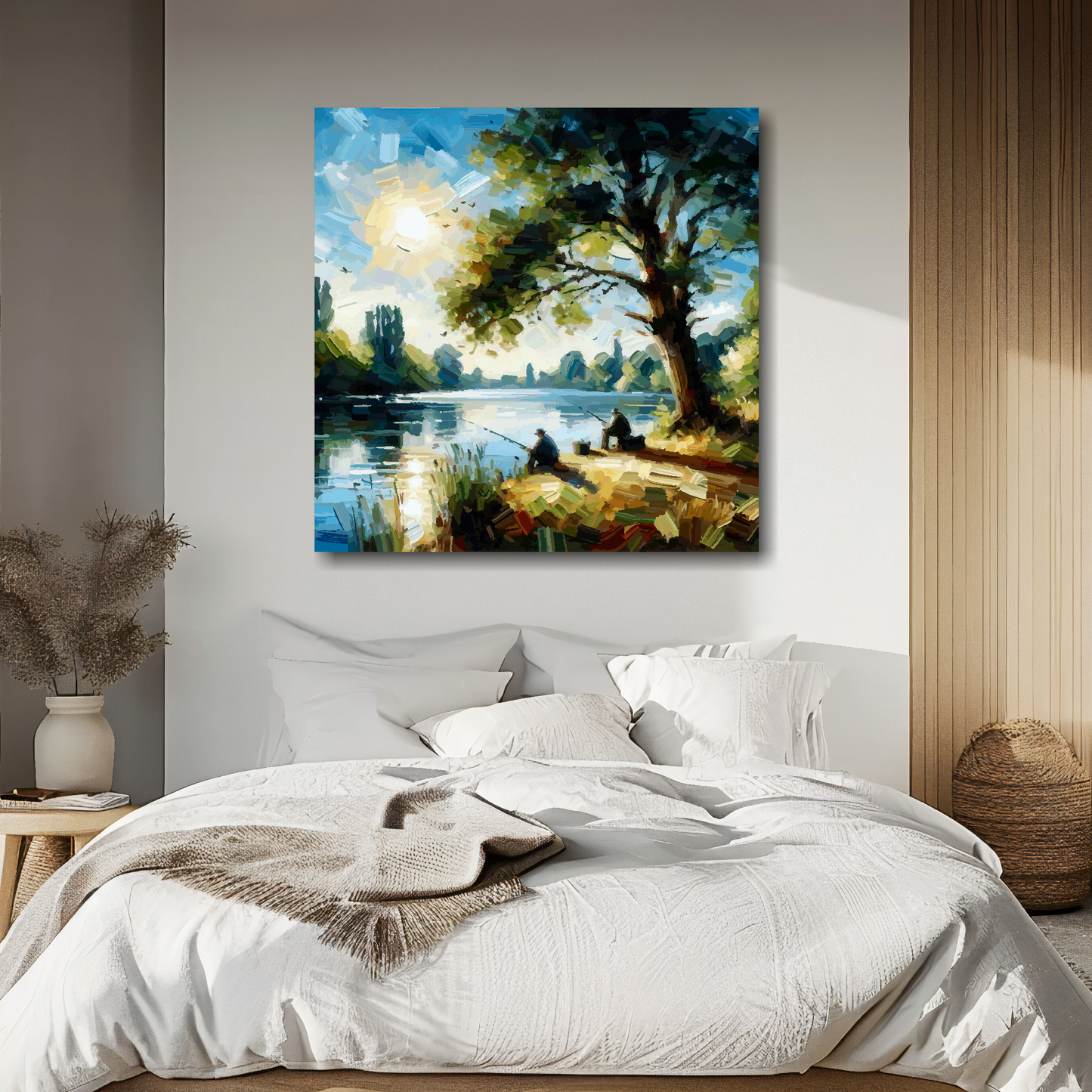 XL square canvas featuring two anglers beside a traquil lake. Mounted on a white wall above a double bed.