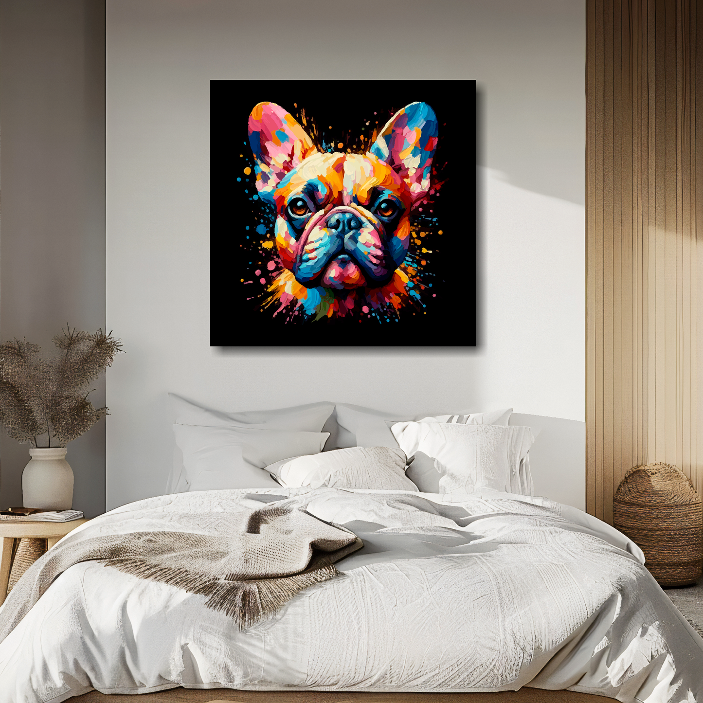 Large canvas wall art - A vibrant multi-coloured head portrait of a French Bulldog. Available in 3 large sizes.