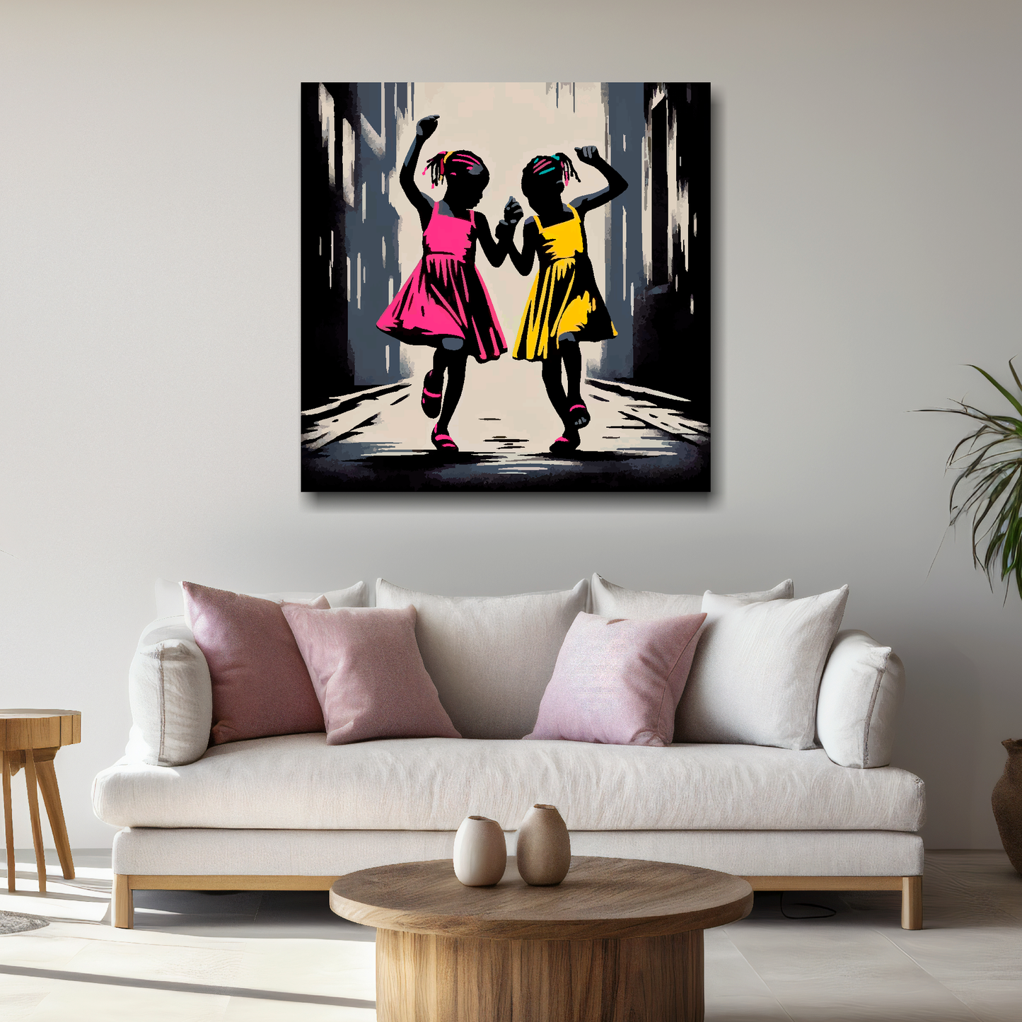 Large canvas wall art - A retro friendship painting of two young African girls dancng in the street. Available in 3 large sizes.