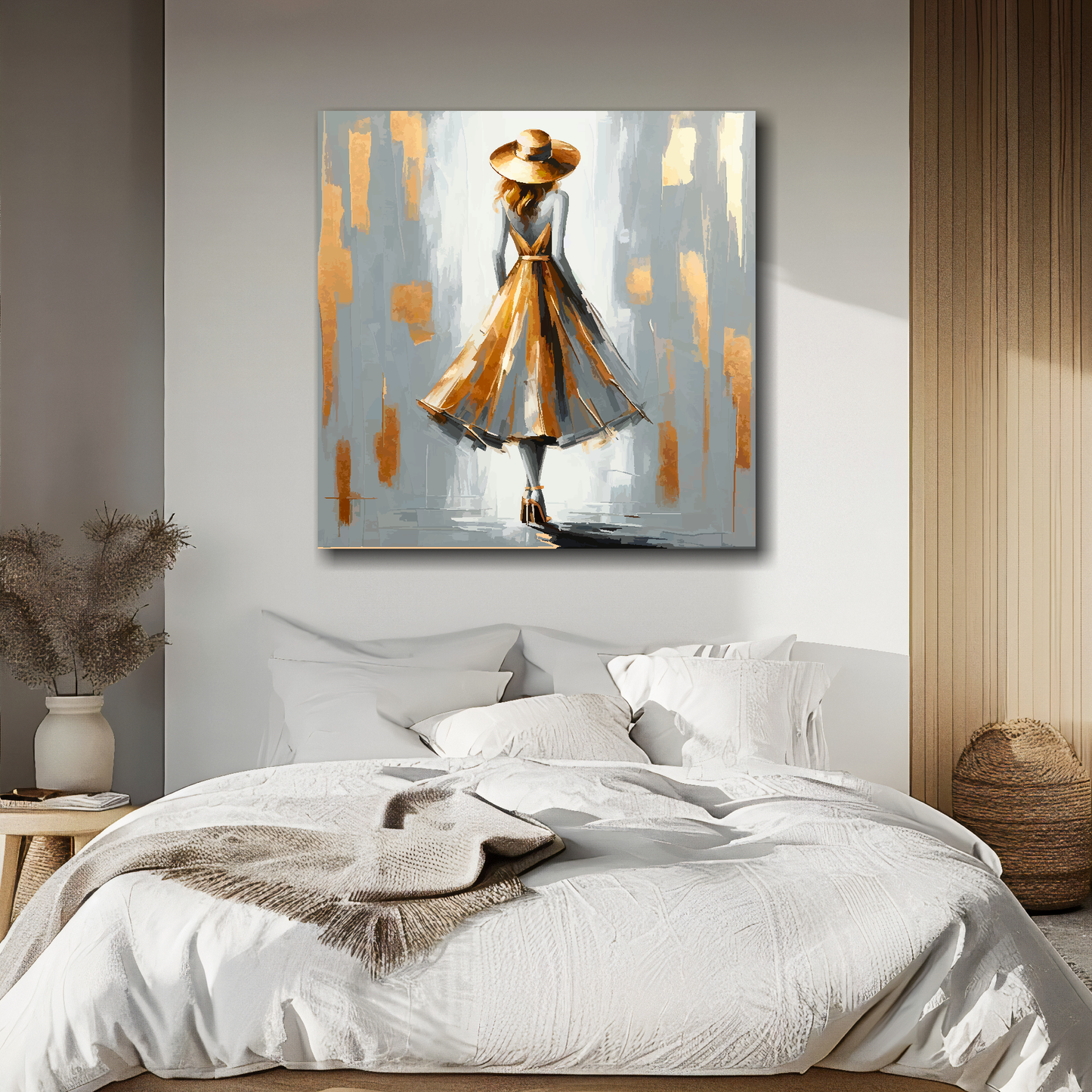 Large canvas wall art - A vibrant fashion dress in greys and golds. Available in 3 large sizes.
