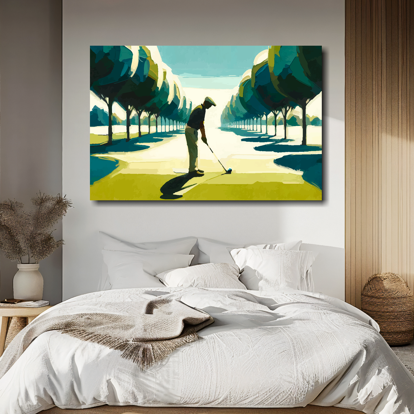 Large abstract canvas print of a man playing golf. Mounted on a white wall above a double bed.