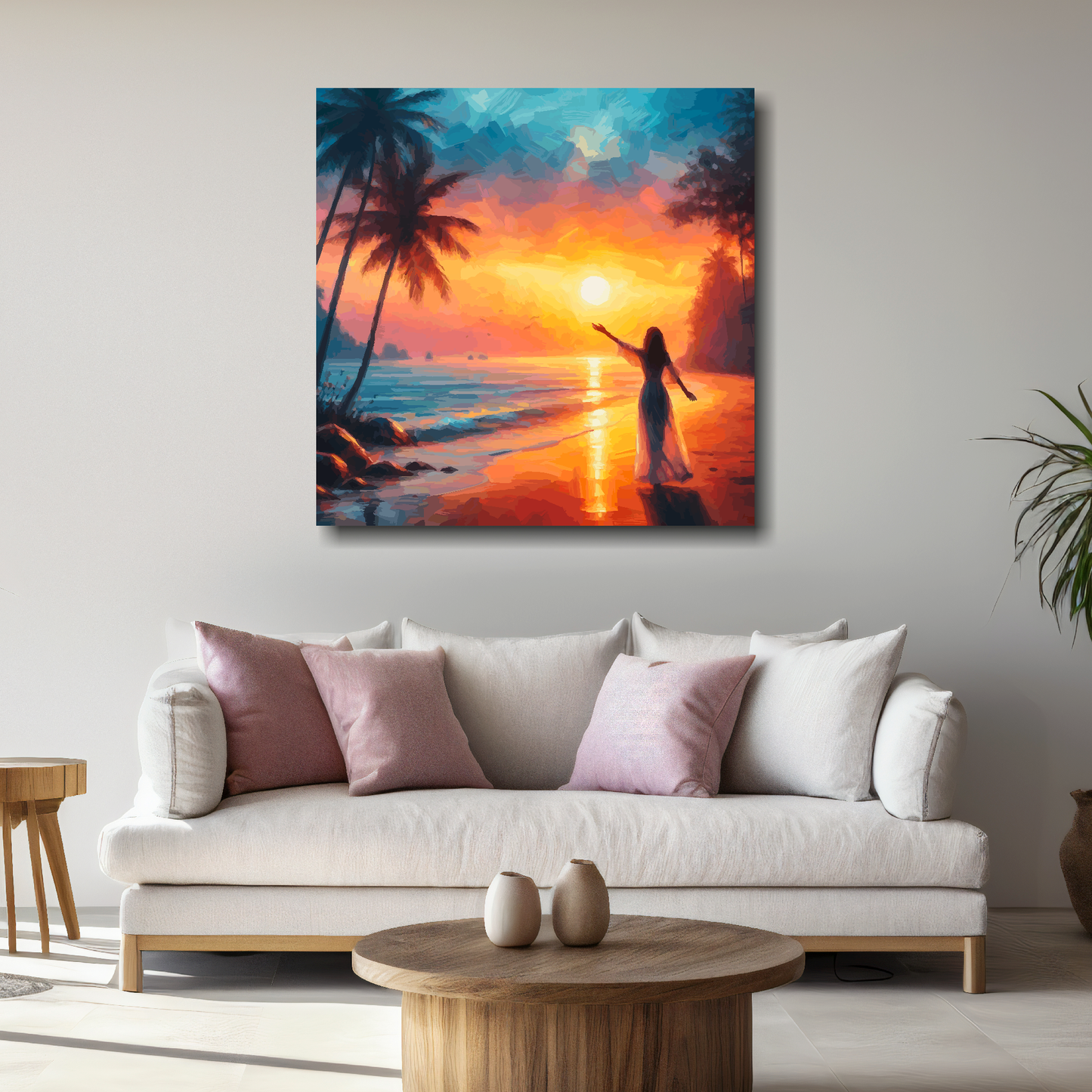 Large canvas wall art - A colourful tropical evening beach scene, a woman hails the sunset. Available in 3 large sizes.