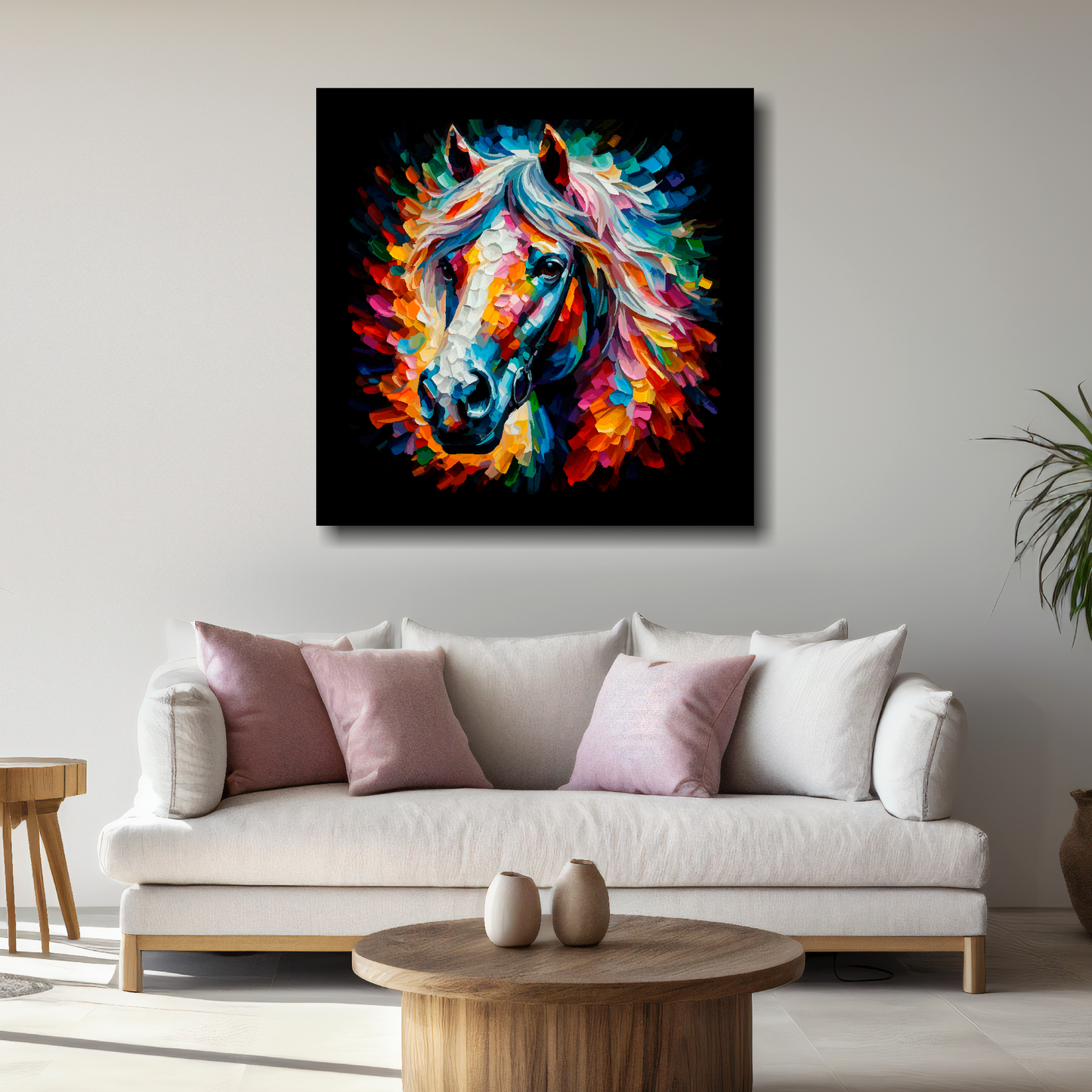 Large canvas wall art - Colourful Horse portrait on a black background. Available in 3 large sizes.