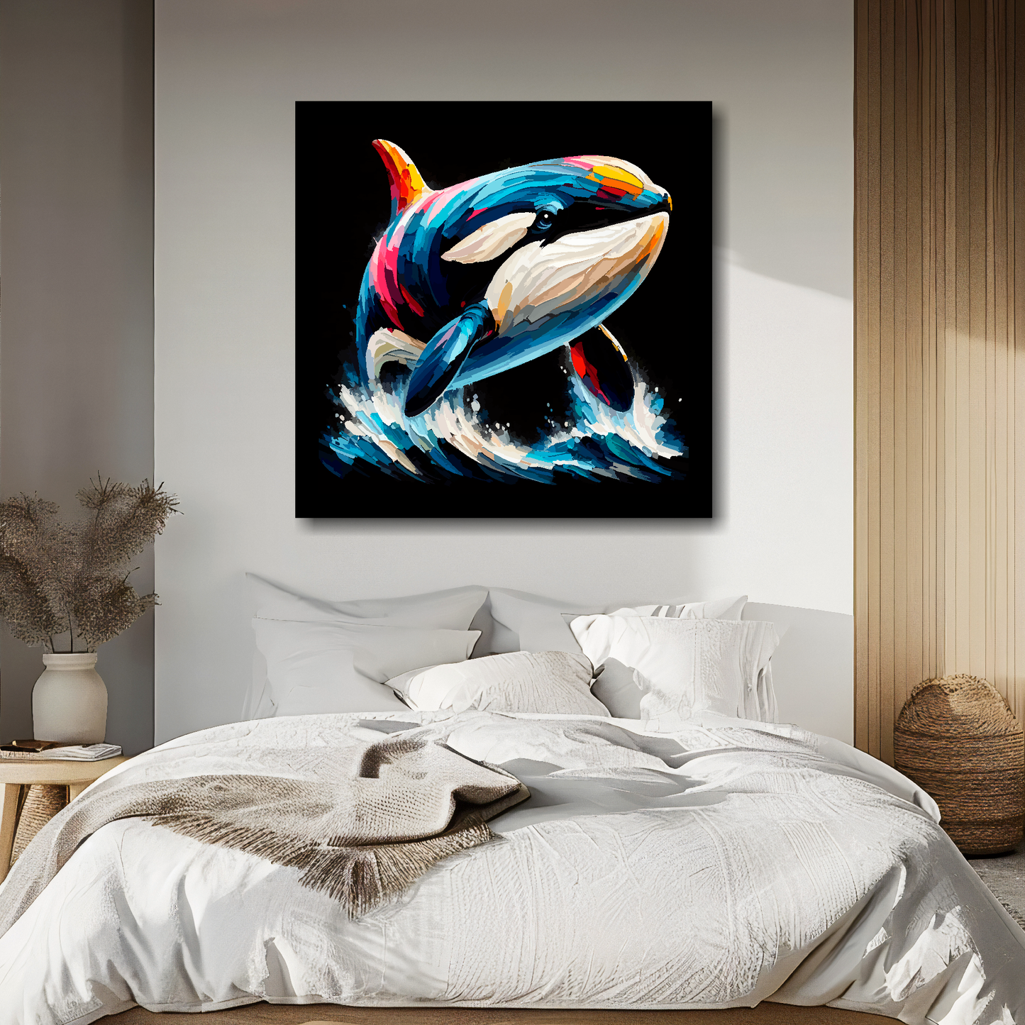 Large canvas wall art - A multi-coloured abstract portrait of a Killer Whale. Available in 3 large sizes.