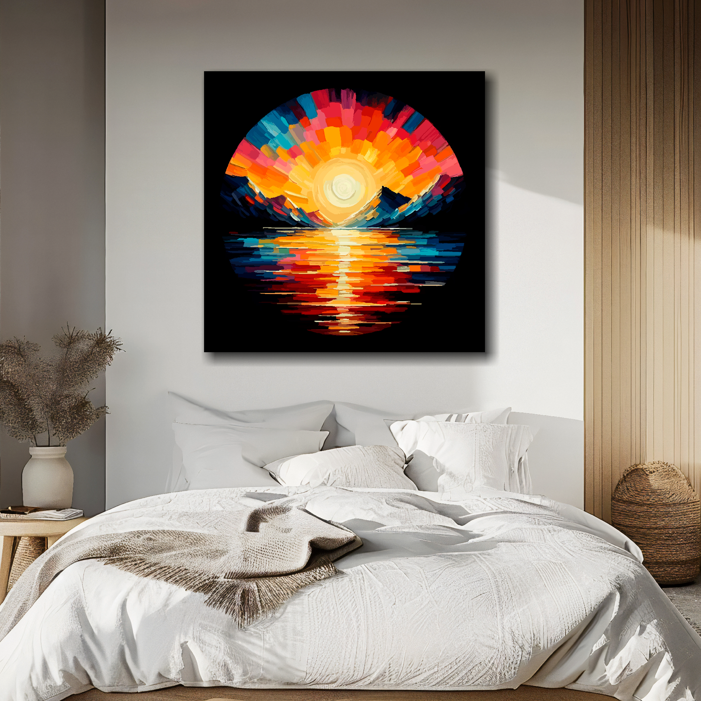 Large canvas wall art - Vibrant Lake Sunset mountain scene, black background, Available in 3 large sizes.