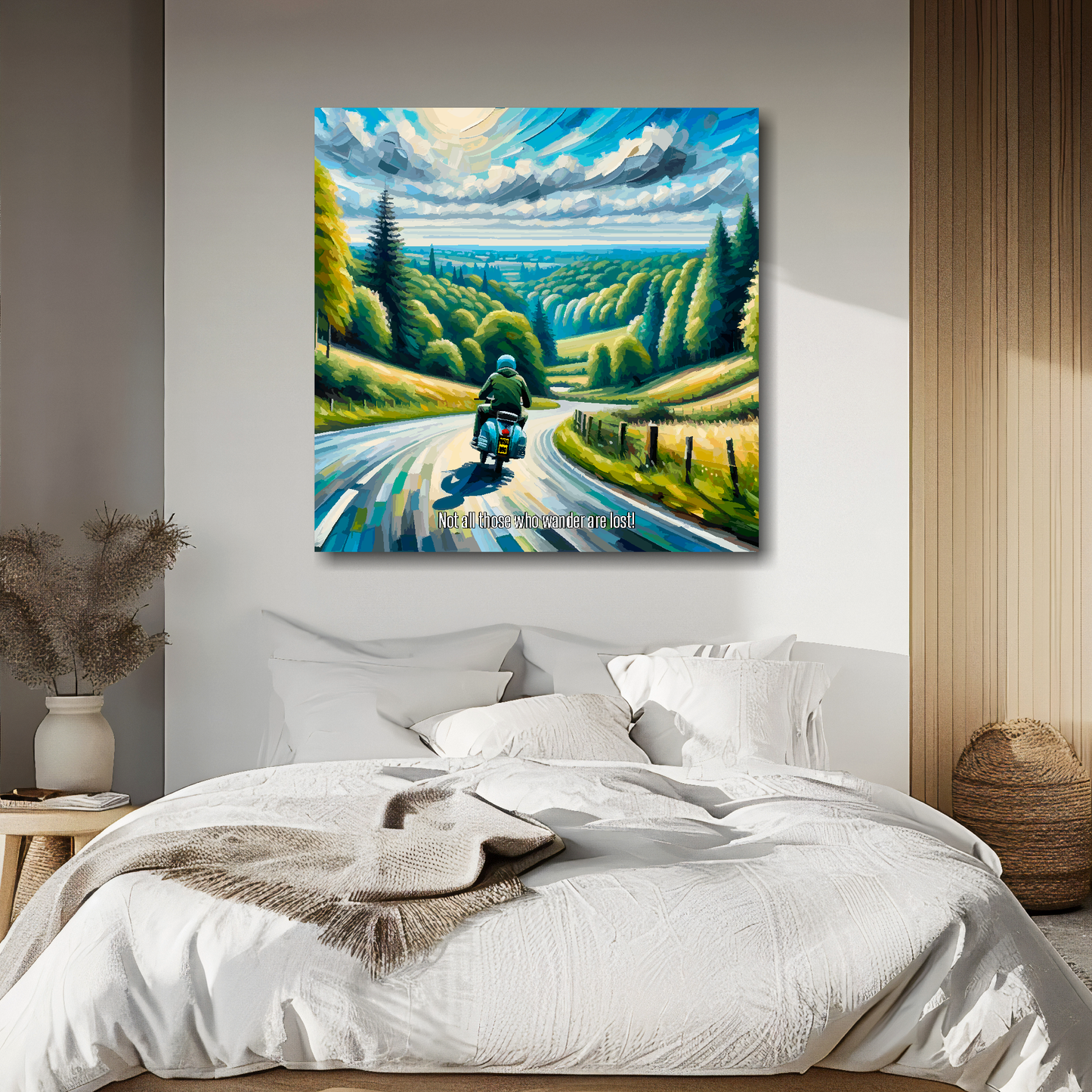 Large canvas wall art - A multi-coloured abstract of a Lambretta Scooter traveling along a scenic road. Available in 3 large sizes.