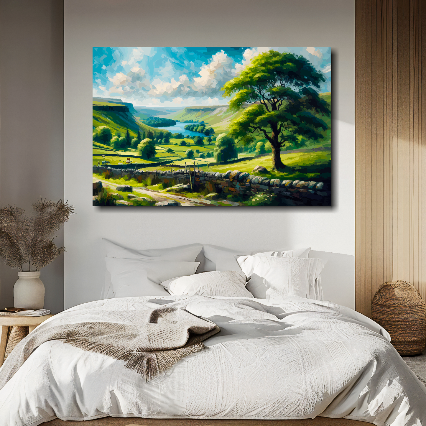 Abstract canvas print of an English National Park. Mounted on a white wall above a double bed.