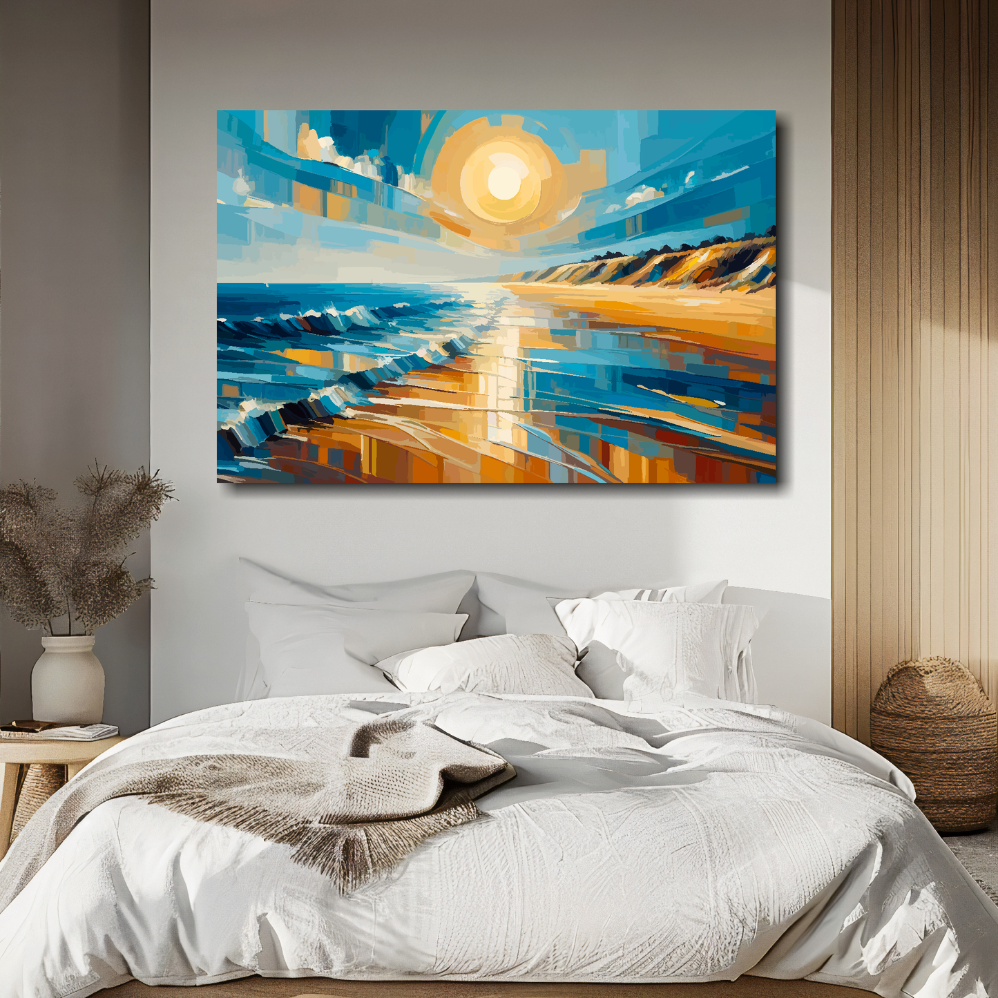 Large canvas wall art - A vibrant multi-coloured golden beach landscape. Available in 3 large sizes.