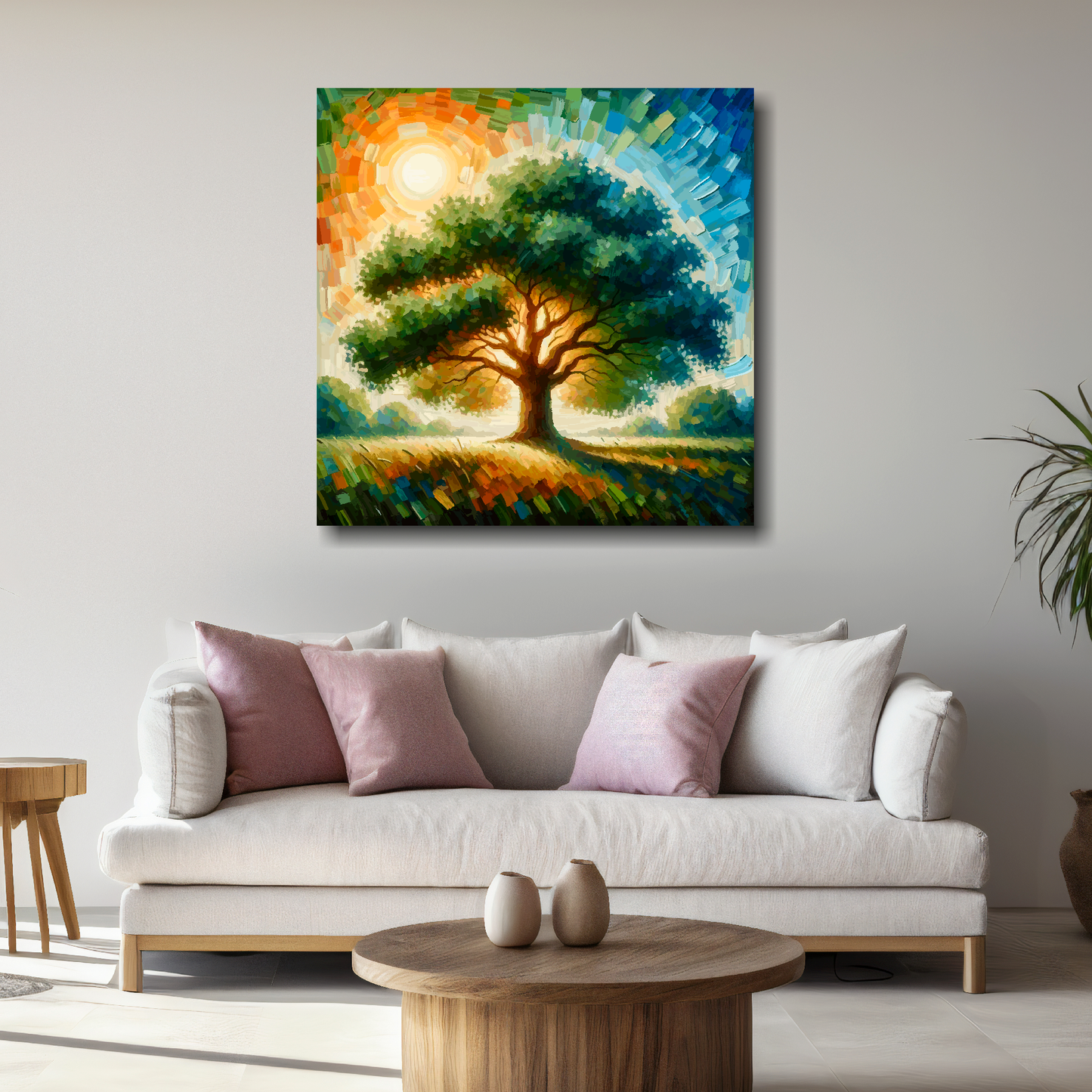 Square XL canvas featuring a Oak Tree. Mounted on a white wall above a white sofa with decorative pillows.