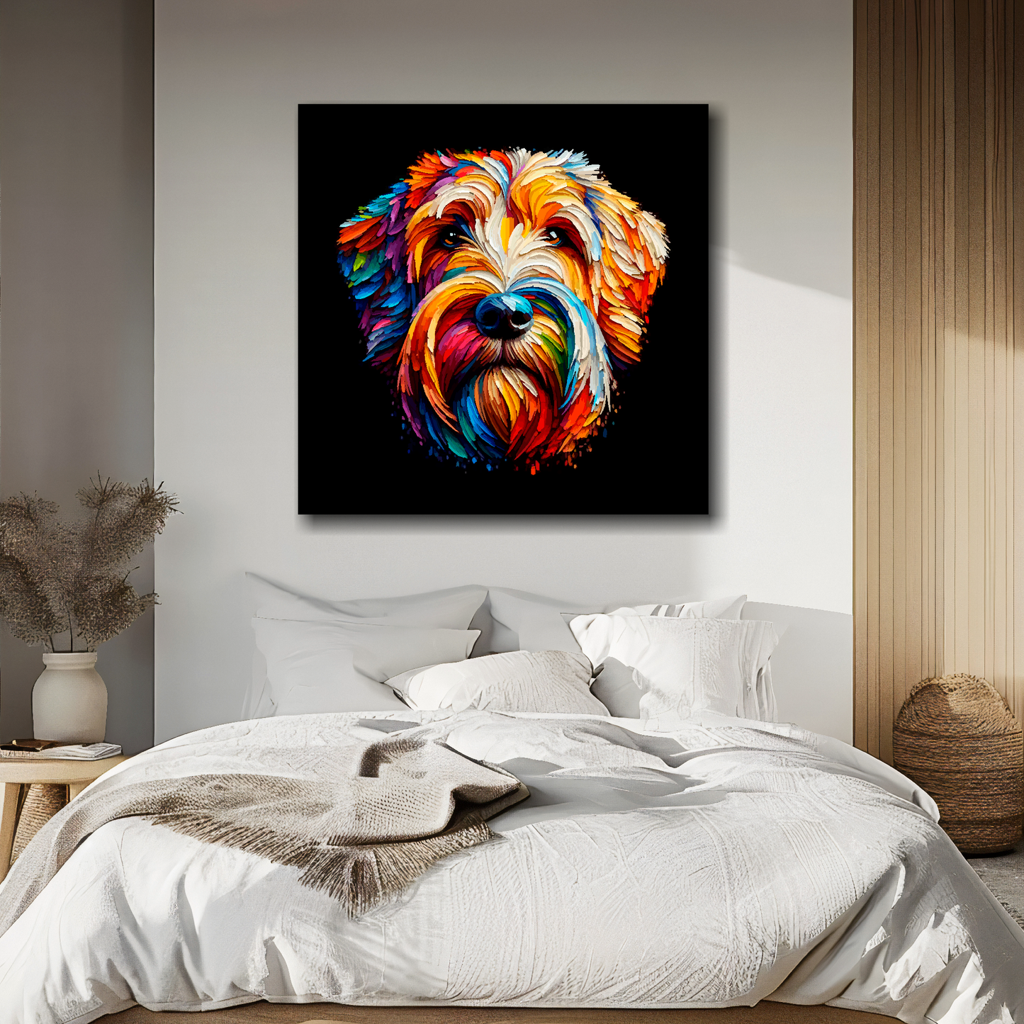 Large canvas wall art - A multi-coloured abstract head portrait of a Otterhound Dog. Available in 3 large sizes.