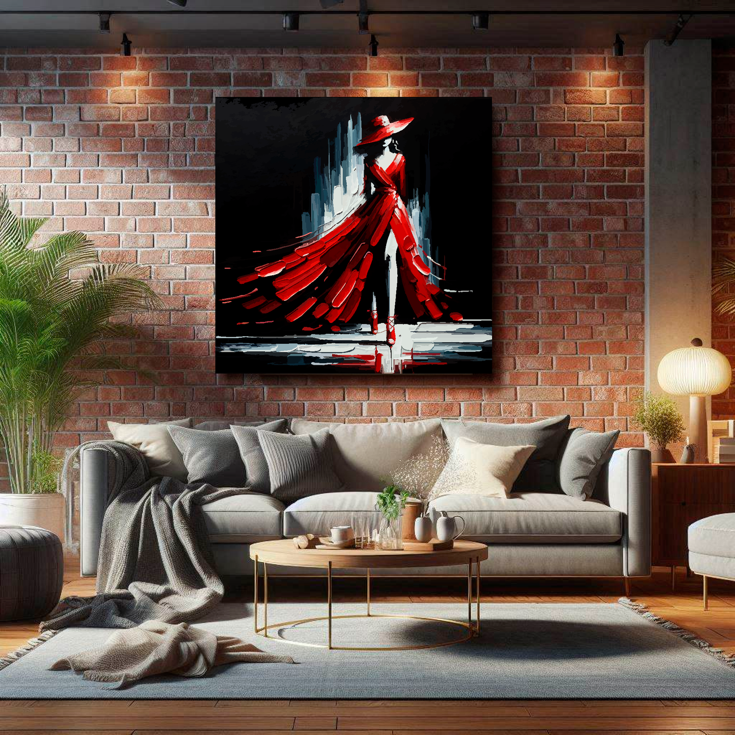 Large square canvas featuring a red fashion dress. Mounted on a brick wall above a grey sofa with decorative pillows.