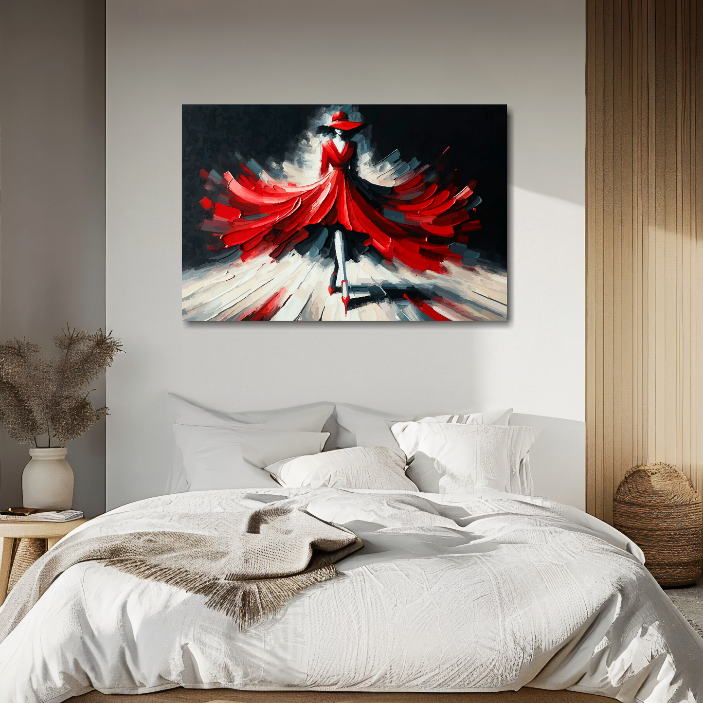 Large canvas wall art - A minimalist painting of red flowing fashion dress. Available in 3 large sizes.