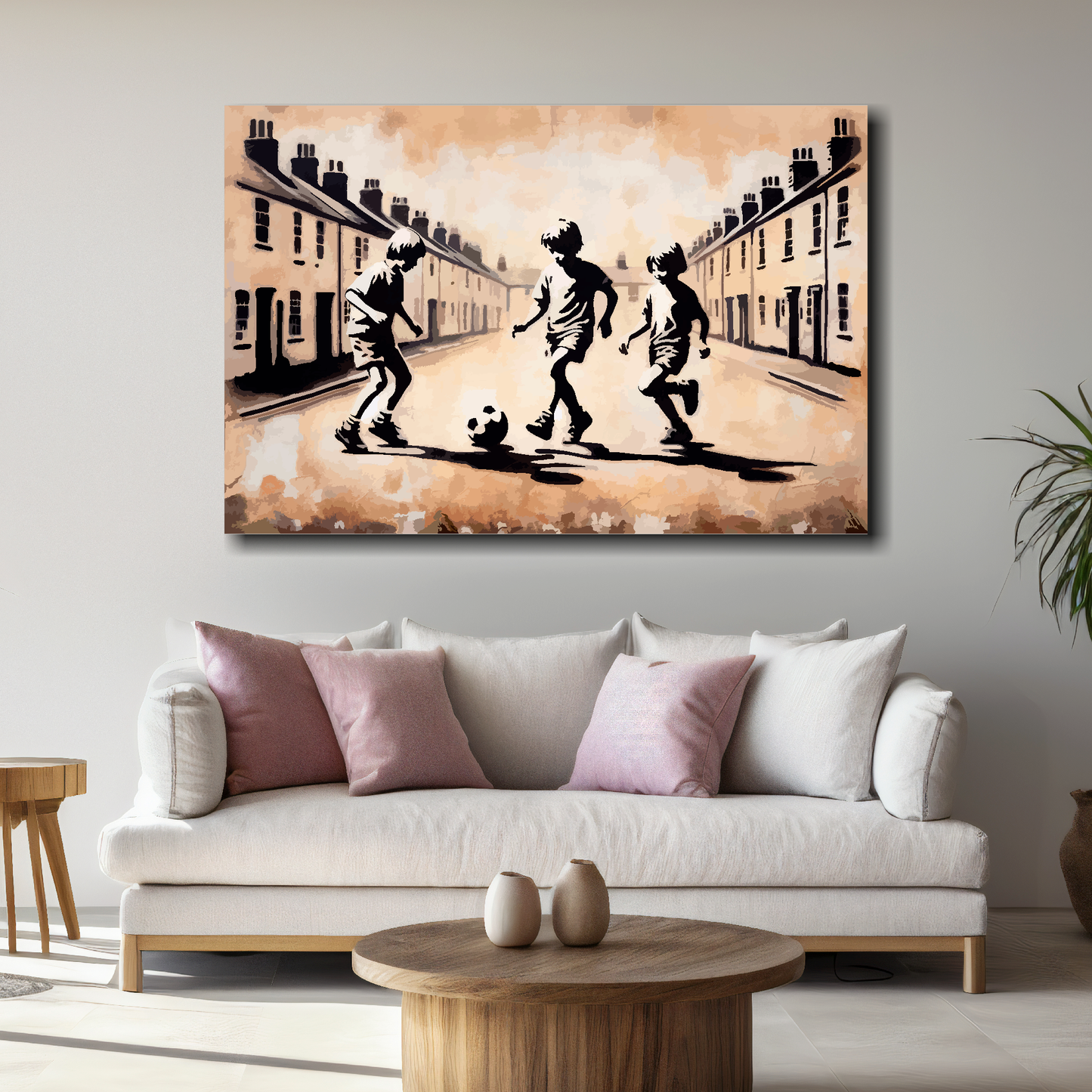 Large canvas wall art - A plastered wall mural of 3 boys playing football in the street. Available in 3 large sizes.