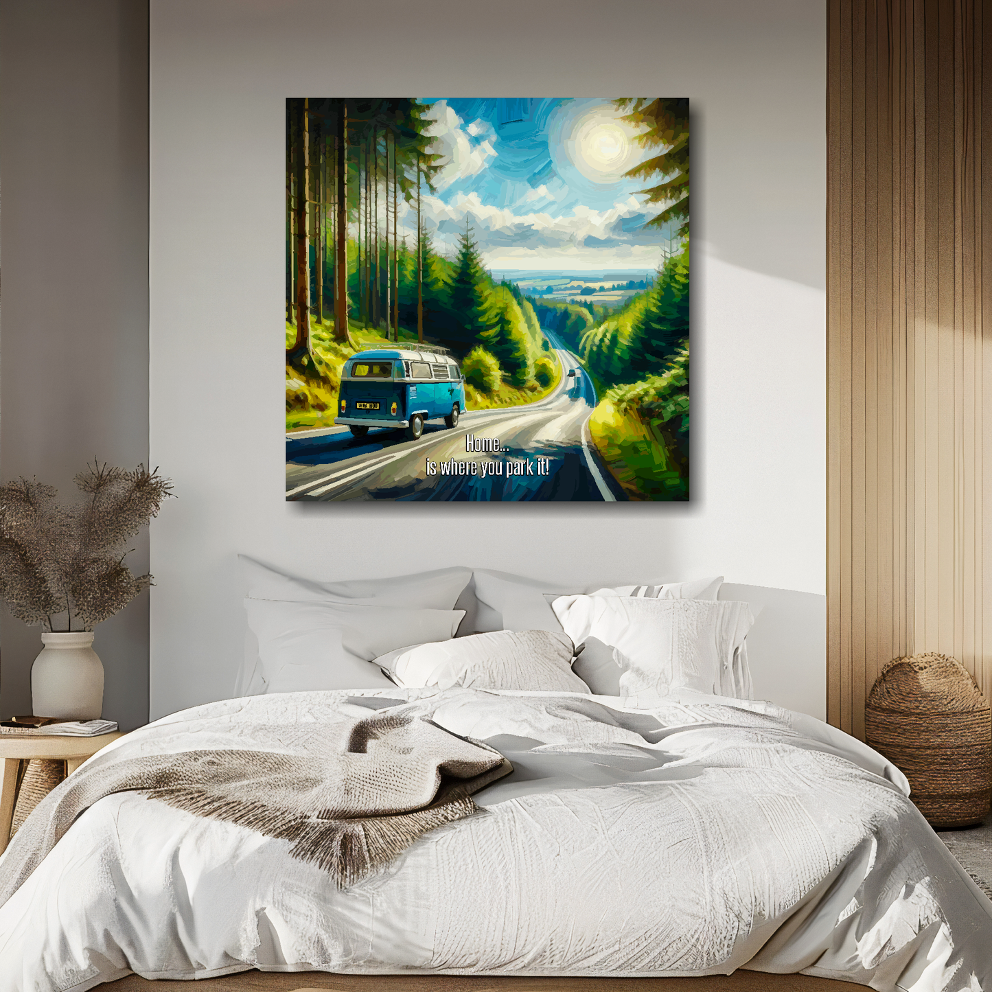 Large canvas wall art - A multi-coloured abstract of a VW Campervan traveling along a scenic road. Available in 3 large sizes.