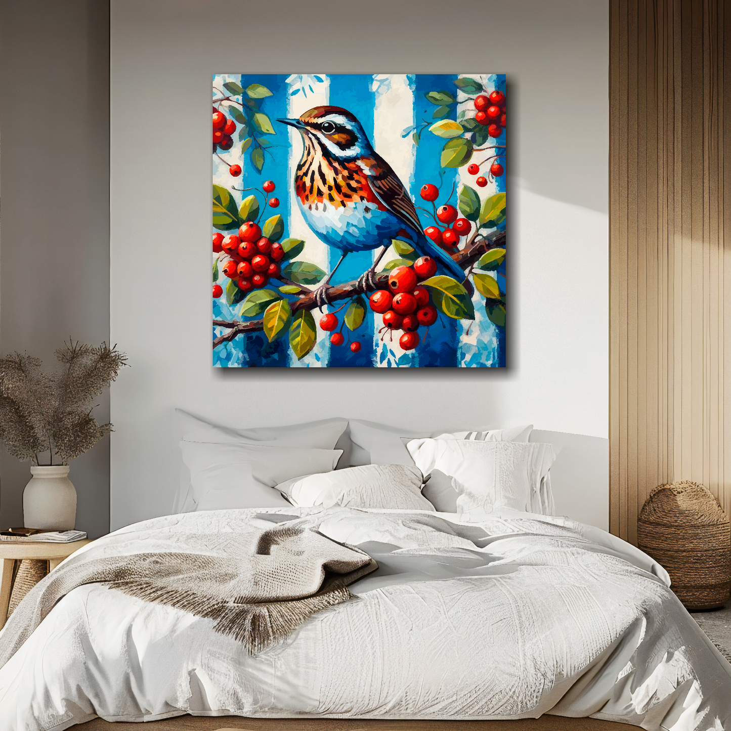 Large canvas wall art - A Throstle bird in blue and white, inspired by West Bromwich Albion F.C. Part of the UK CANVAS sports collection. Available in 3 large sizes.