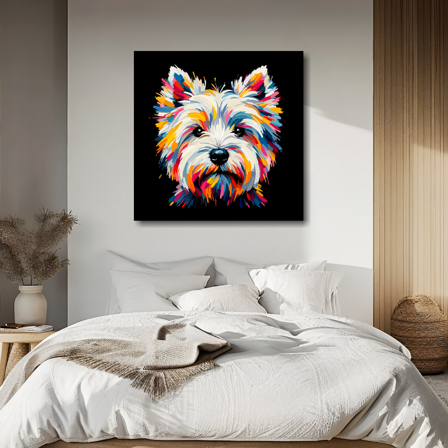 Large canvas wall art - A vibrant multi-coloured head portrait of a West Highland Terrier. Available in 3 large sizes.