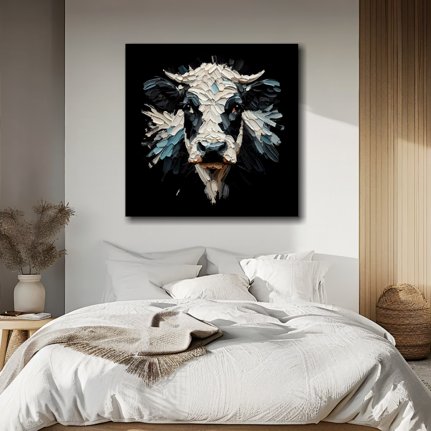 Large canvas wall art - Colourful Dairy Cow portrait on a black background. Available in 3 large sizes.