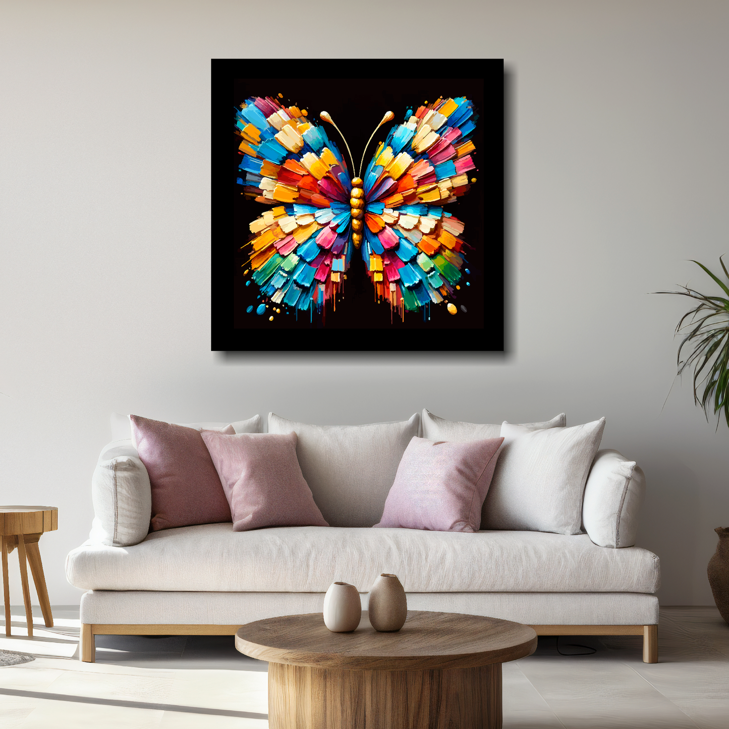 Large canvas wall art - Colourful Butterfly portrait on a black background. Available in 3 big sizes.
