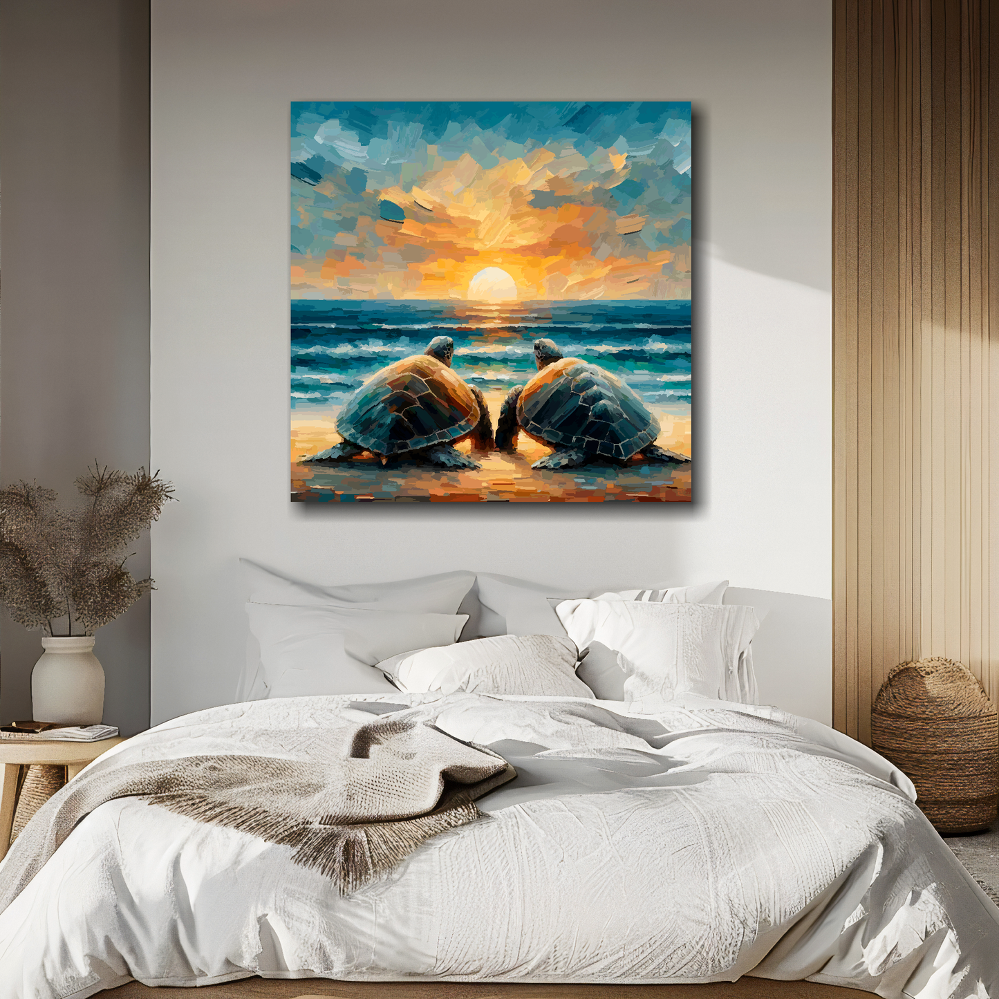 XL square canvas featuring two turtles watching a sunset. Mounted on a white wall above a double bed.
