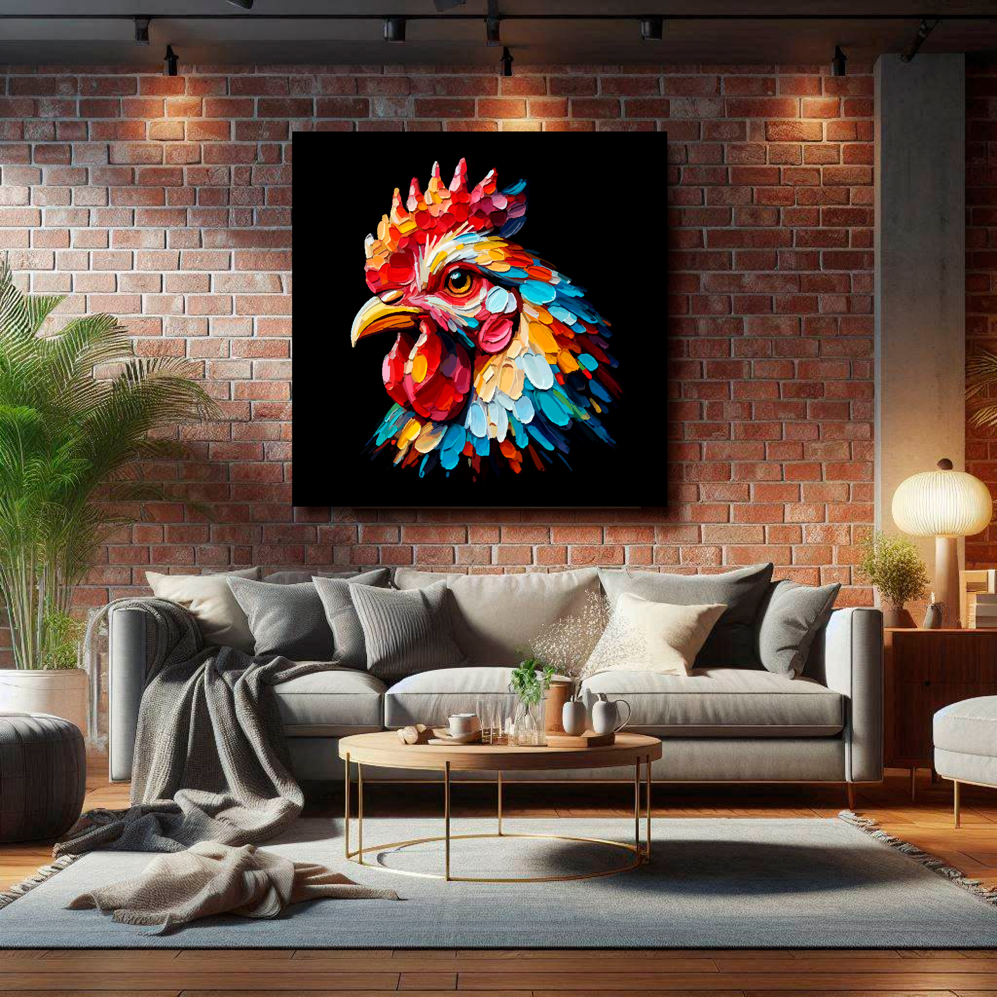 Large canvas wall art - Colourful Chicken portrait on a black background. Available in 3 large sizes.