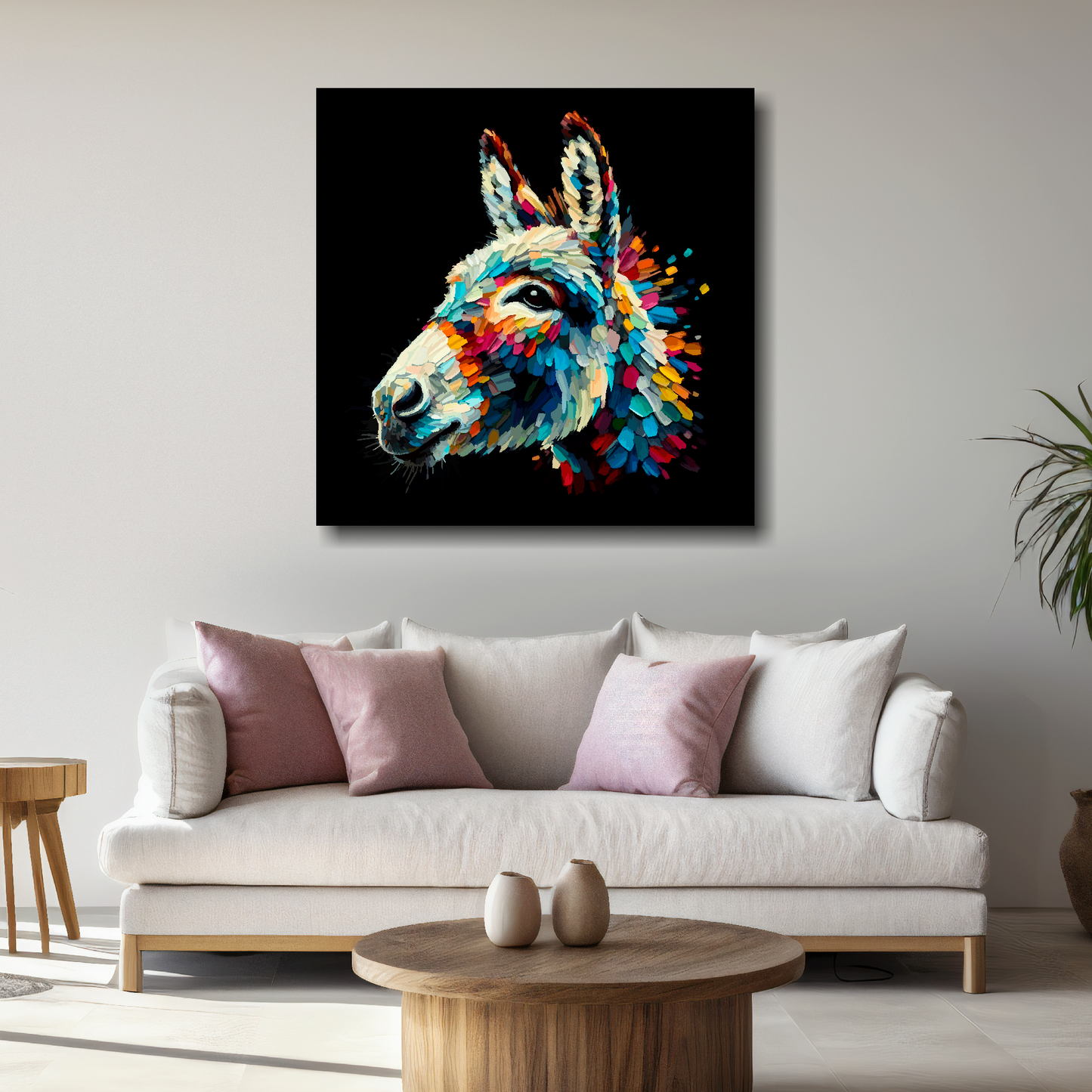 Large canvas wall art - Colourful Donkey portrait on a black background. Available in 3 large sizes.