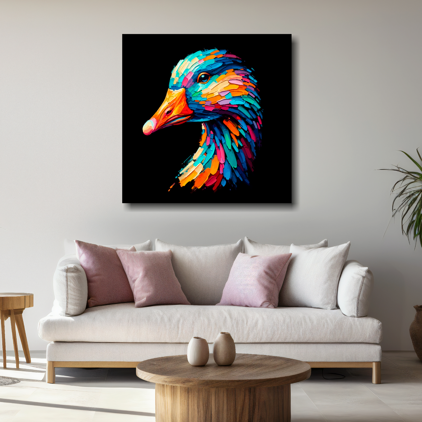 Large canvas wall art - Colourful Goose portrait on a black background. Available in 3 large sizes.