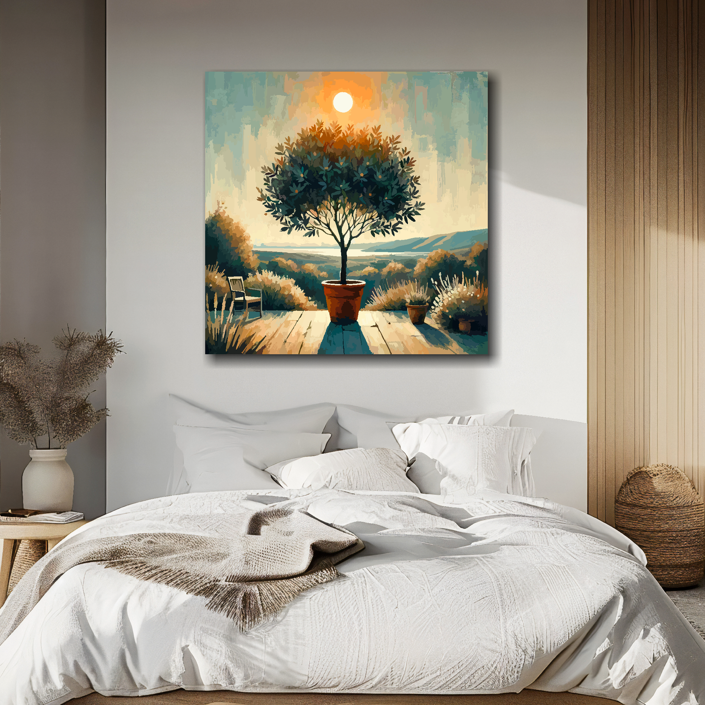 XL square canvas featuring a Bay Tree. Mounted on a white wall above a double bed.