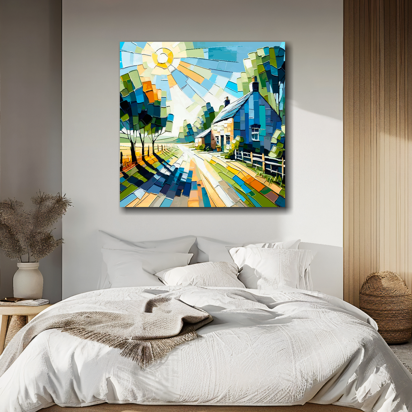 Large canvas wall art - Colourful Abstract of a Cottage lane landscape, bold and vibrant colours. Available in 3 large sizes.