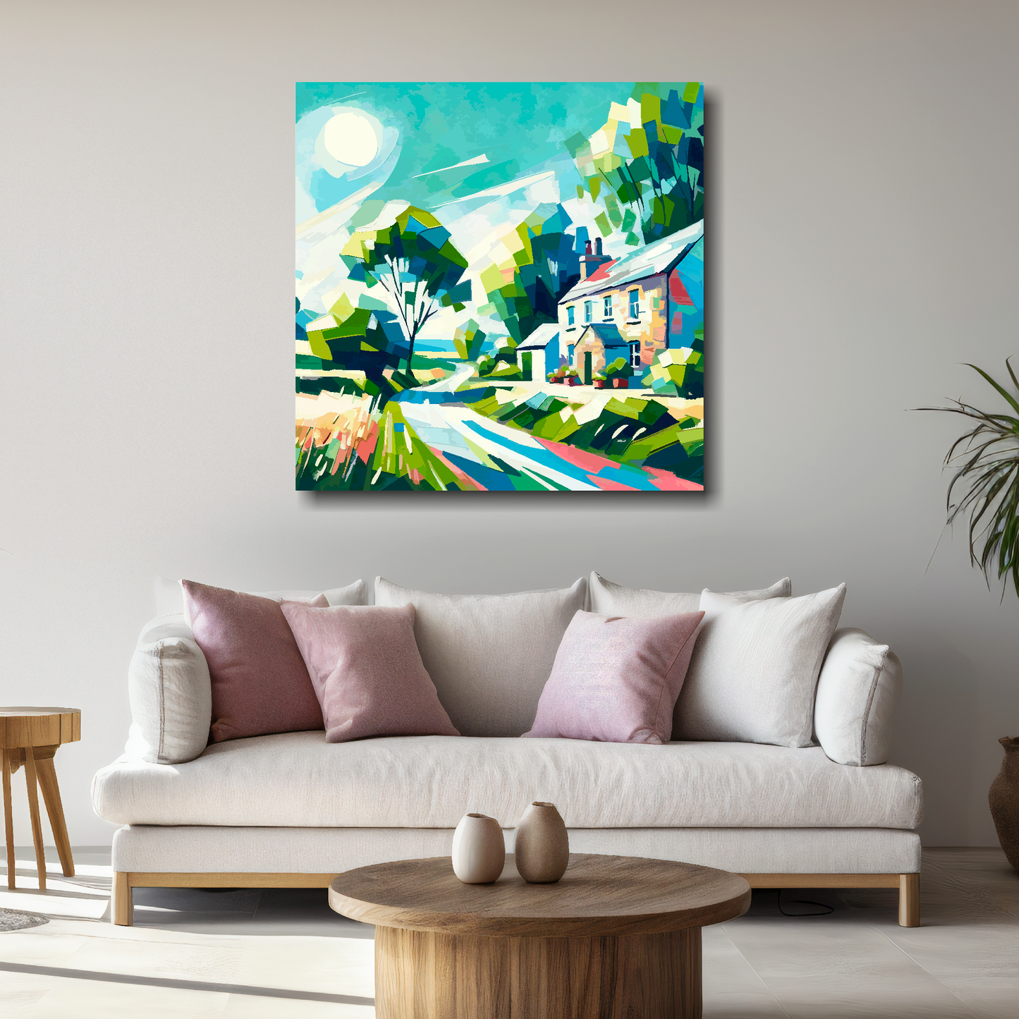 Large canvas wall art - Colourful Abstract of a country lane landscape, bold and vibrant colours. Available in 3 large sizes.