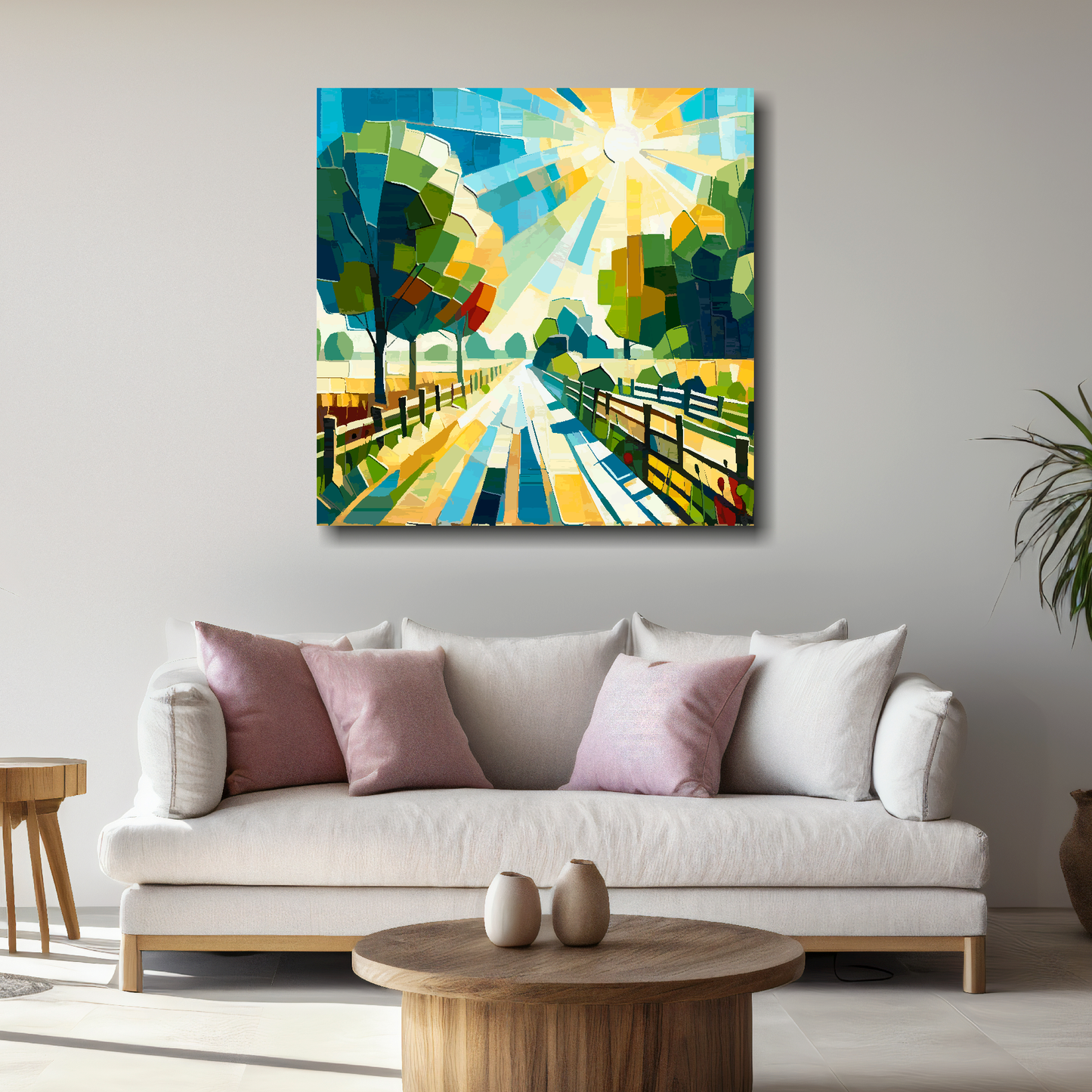 Large canvas wall art - Colourful Abstract of a farm drive landscape, bold and vibrant colours. Available in 3 large sizes.