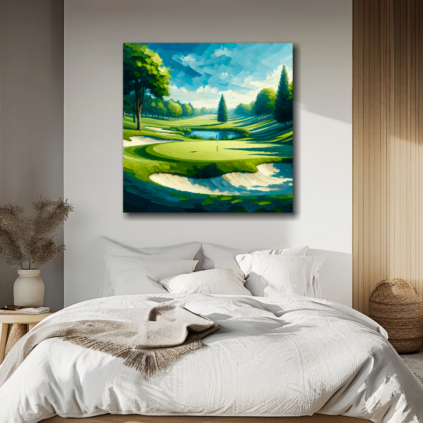 XL square canvas featuring an abstract golf course landscape. Mounted on a white wall above a double bed.